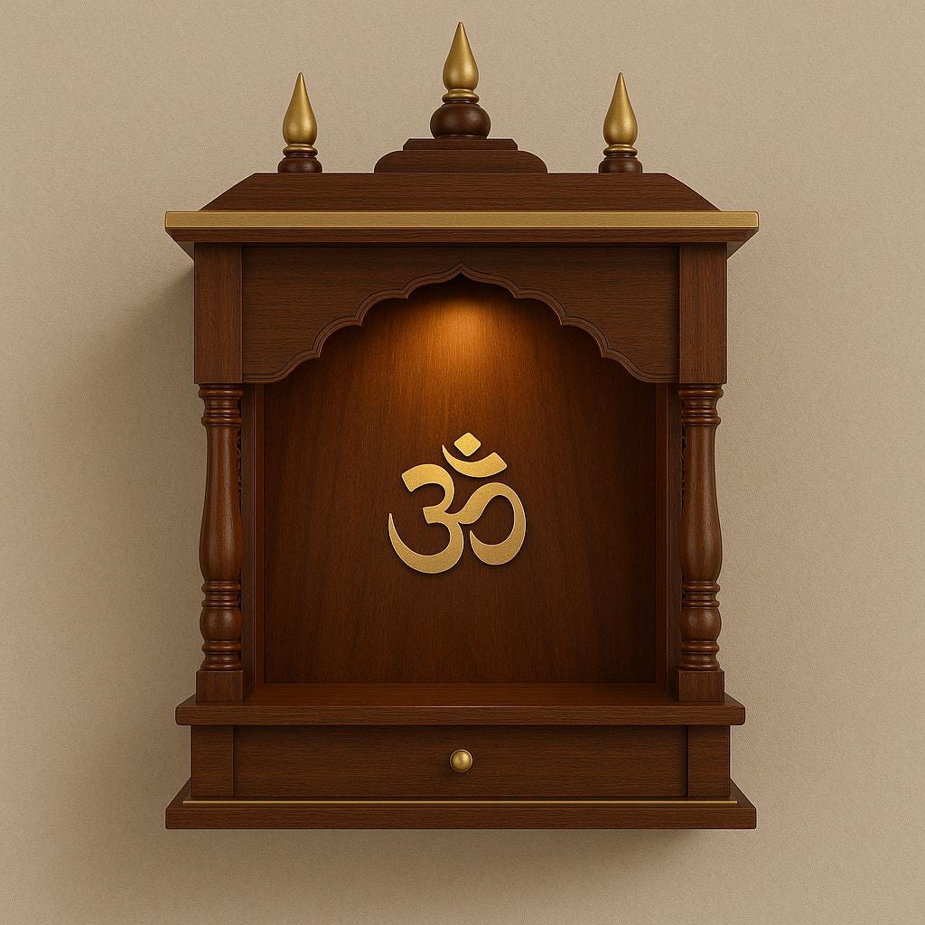 Wooden Pooja Mandir - Golden Kalash Motif