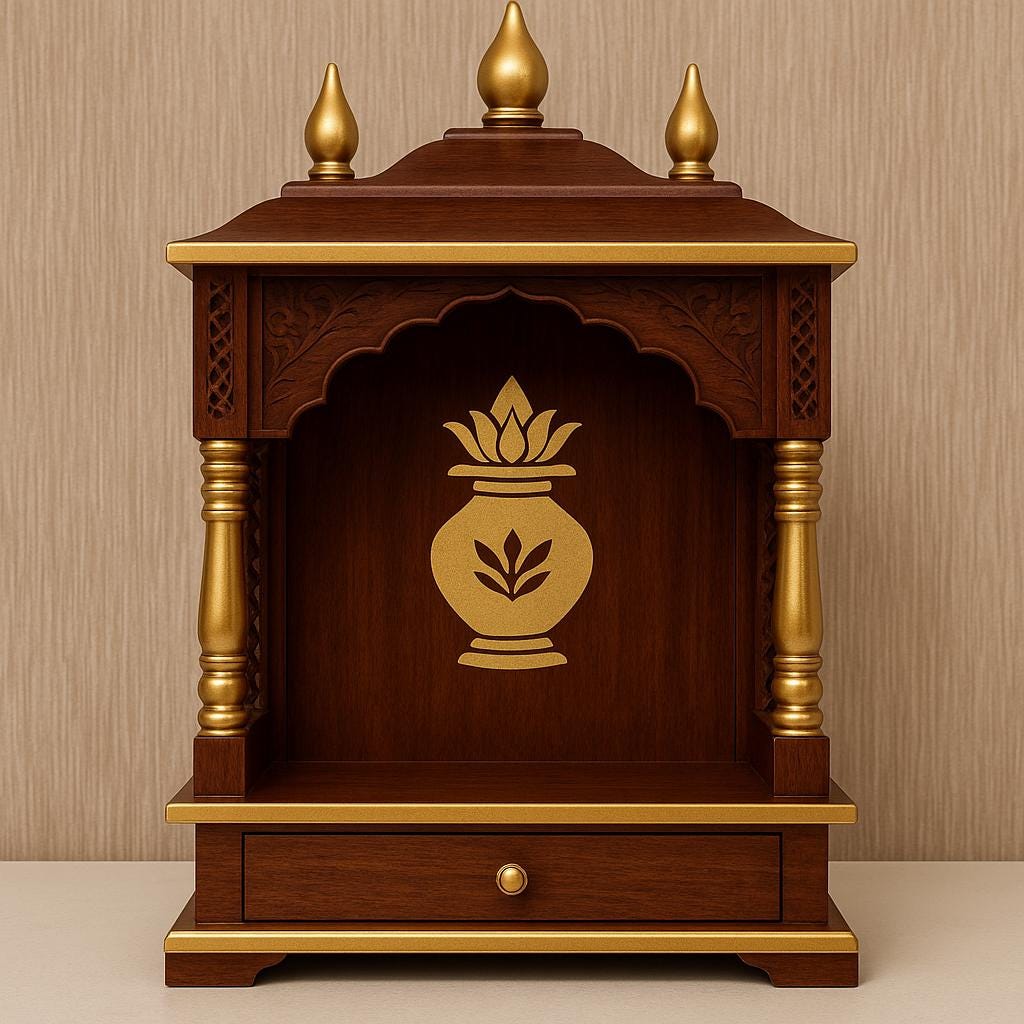 Wooden Pooja Mandir - Golden Kalash Motif