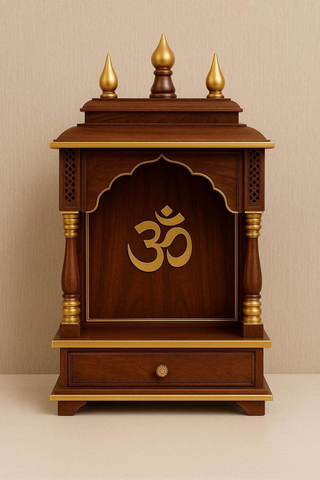 Wooden Pooja Mandir - Golden Kalash Motif