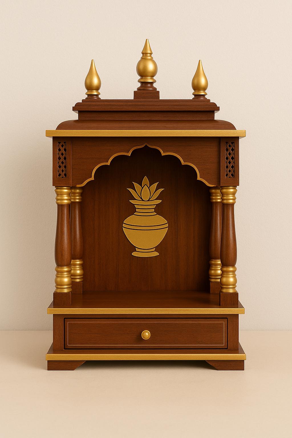 Wooden Pooja Mandir - Golden Kalash Motif