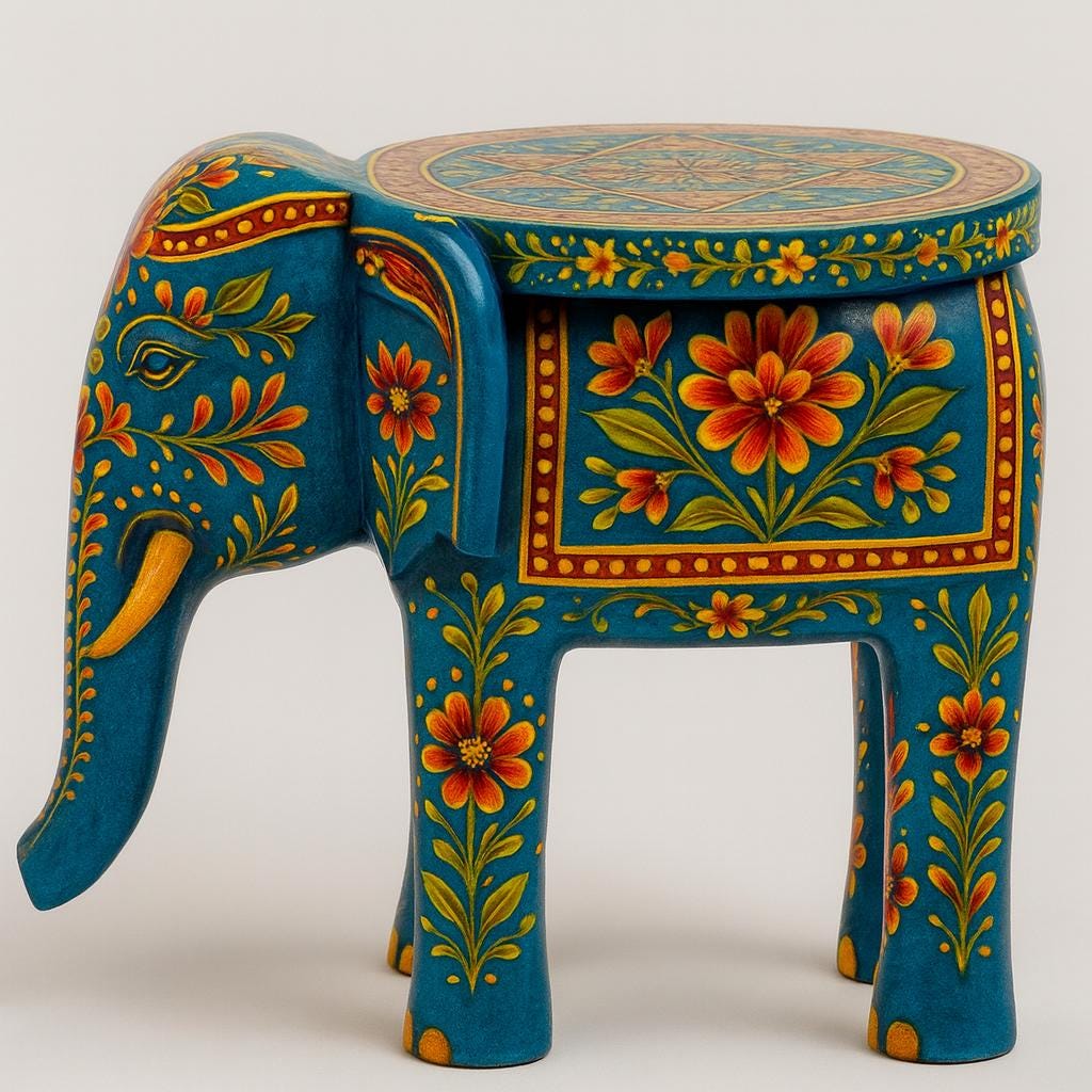 Handcrafted Solid Wooden Elephant Stool: Blue Boho Accent Table, Floral Painting