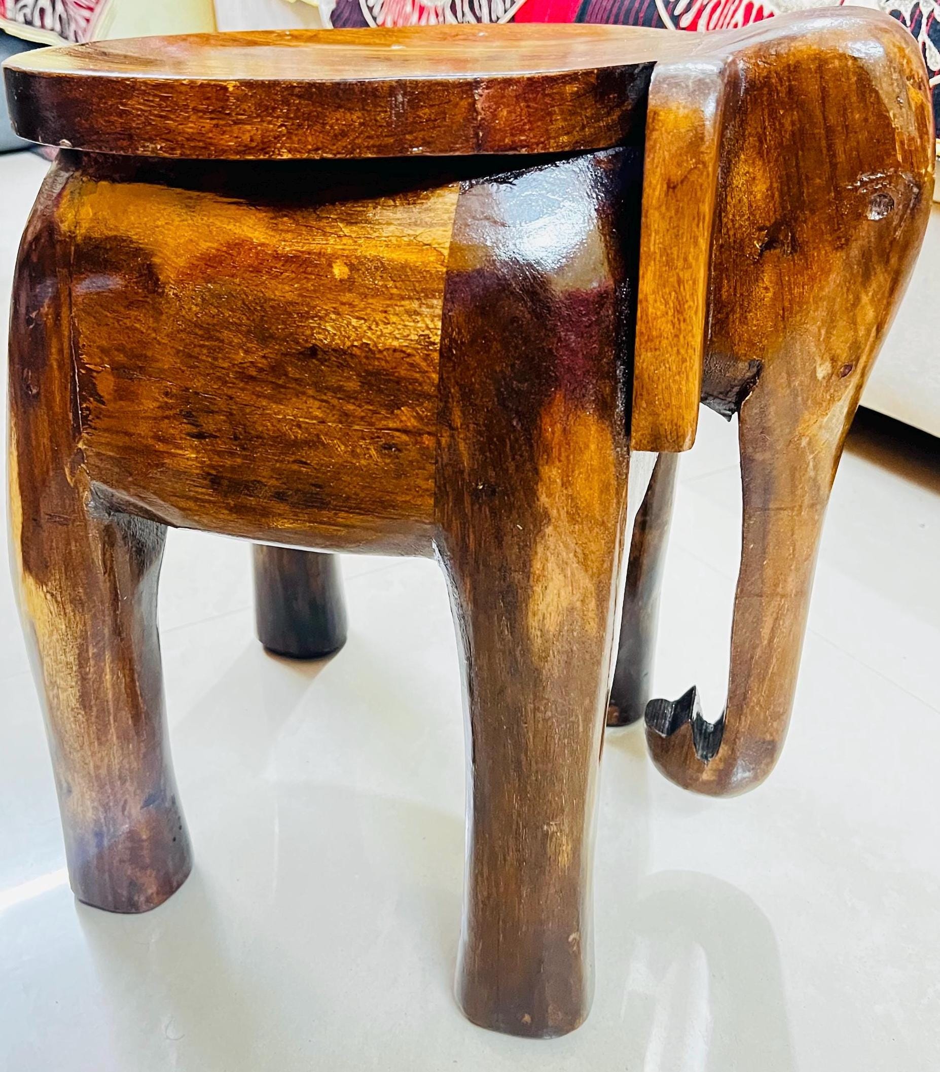 Wooden Elephant Stool with Tile Inlay