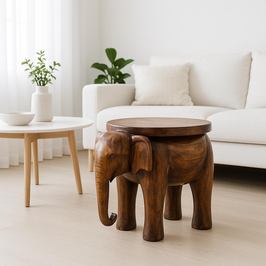 Wooden Elephant Stool with Tile Inlay