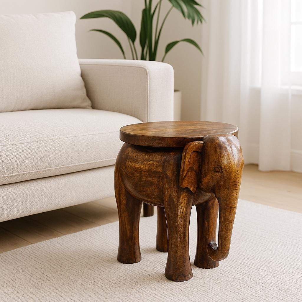 Wooden Elephant Stool with Tile Inlay
