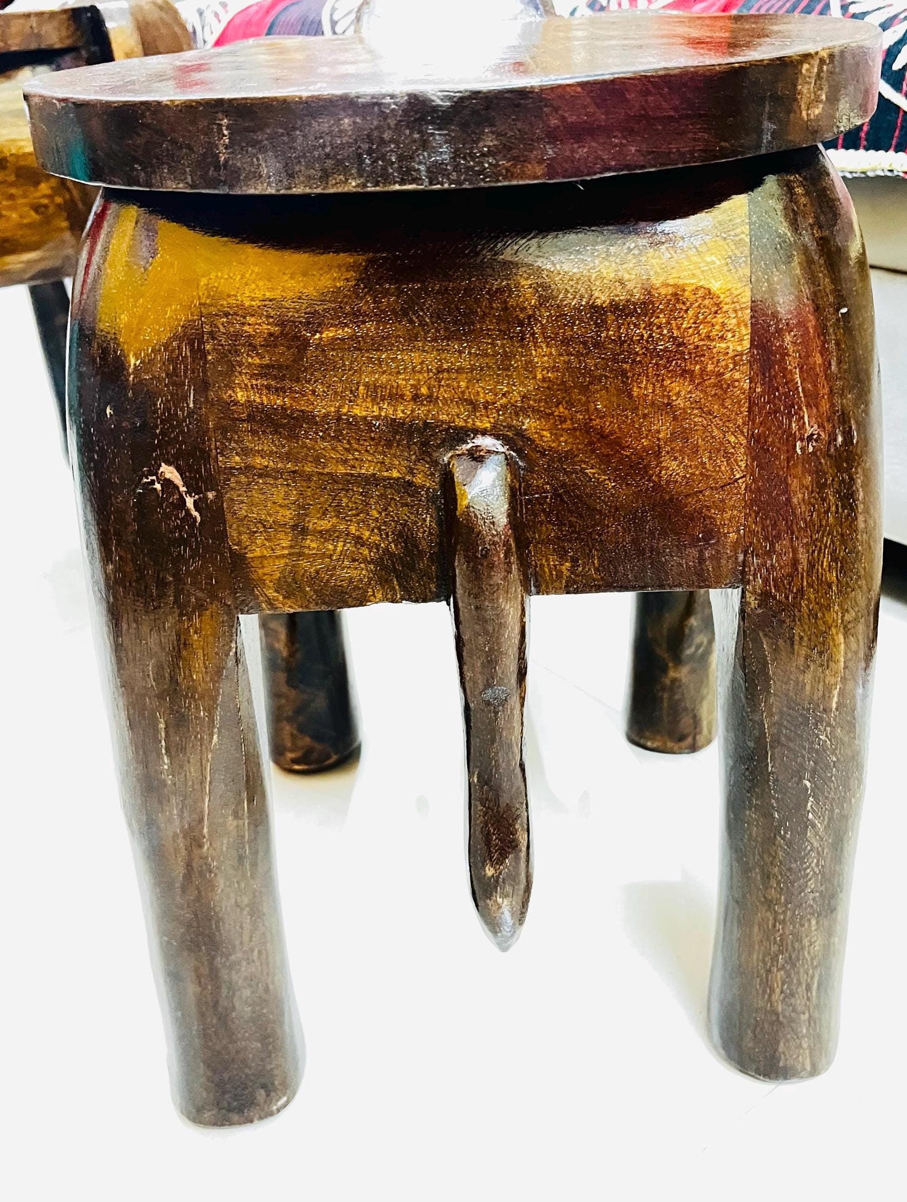 Wooden Elephant Stool - Dark Grain Boho Accent Table