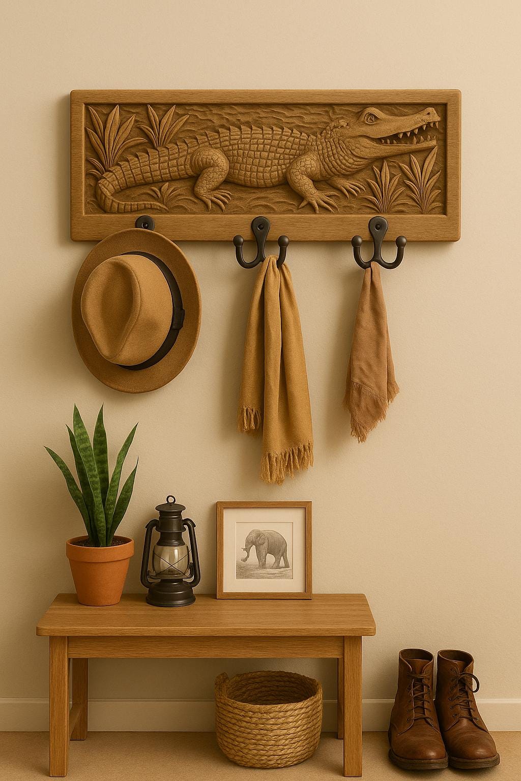 Wooden Wall Key Holder - 6 Hooks Crocodile
