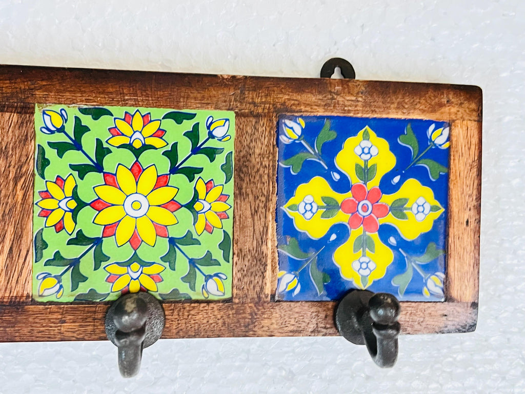 Wooden Key Holder - Ceramic Tile Inlay Entryway Rack
