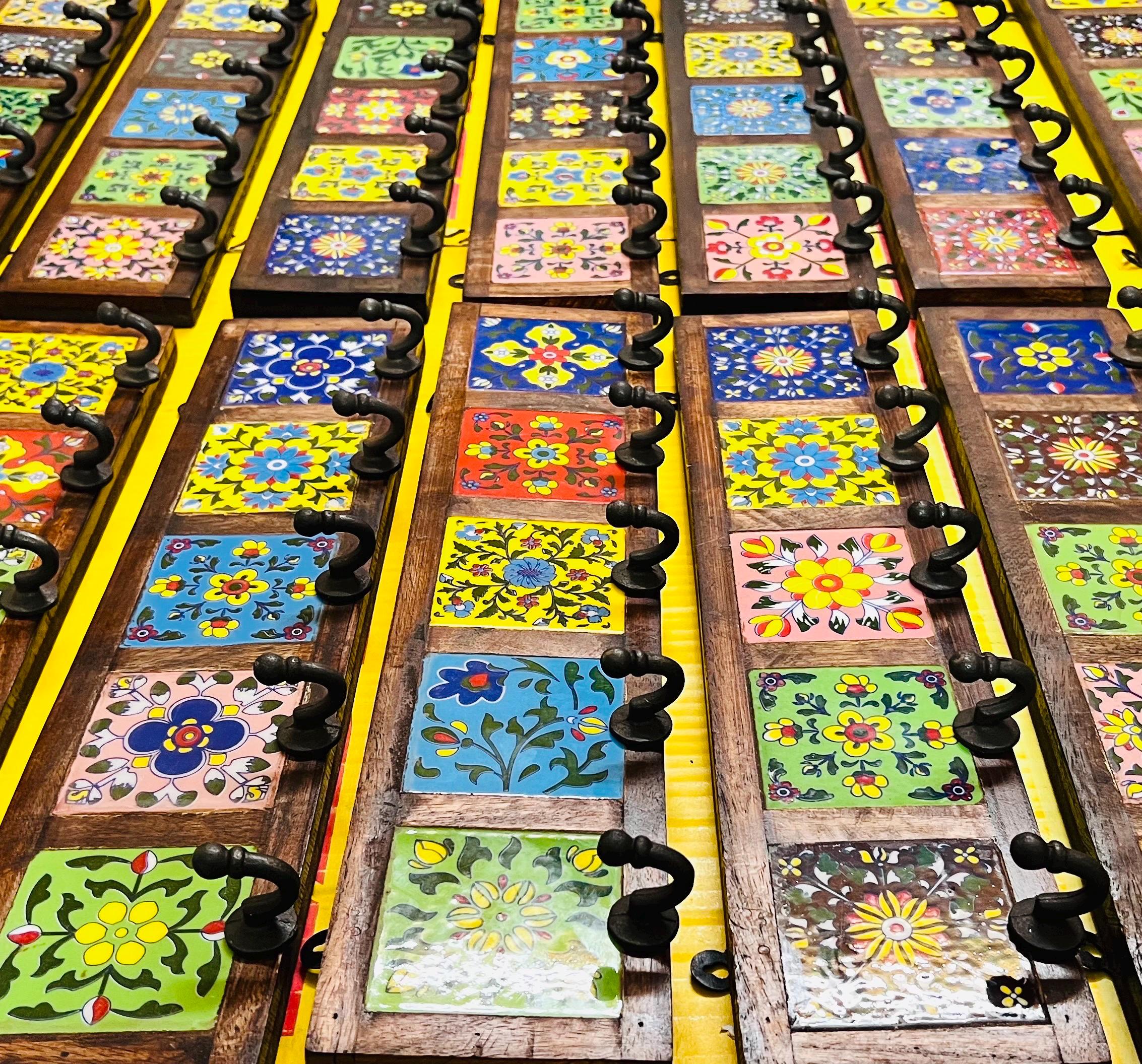 Wooden Key Holder - Ceramic Tile Inlay Entryway Rack