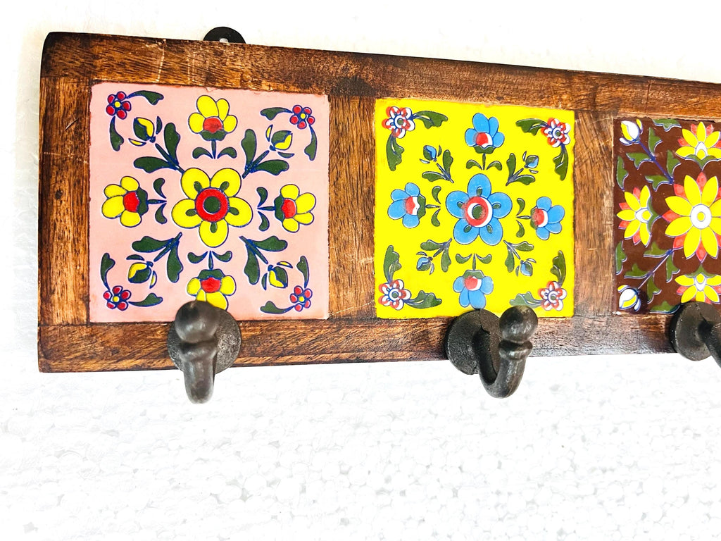 Wooden Key Holder - Ceramic Tile Inlay Entryway Rack