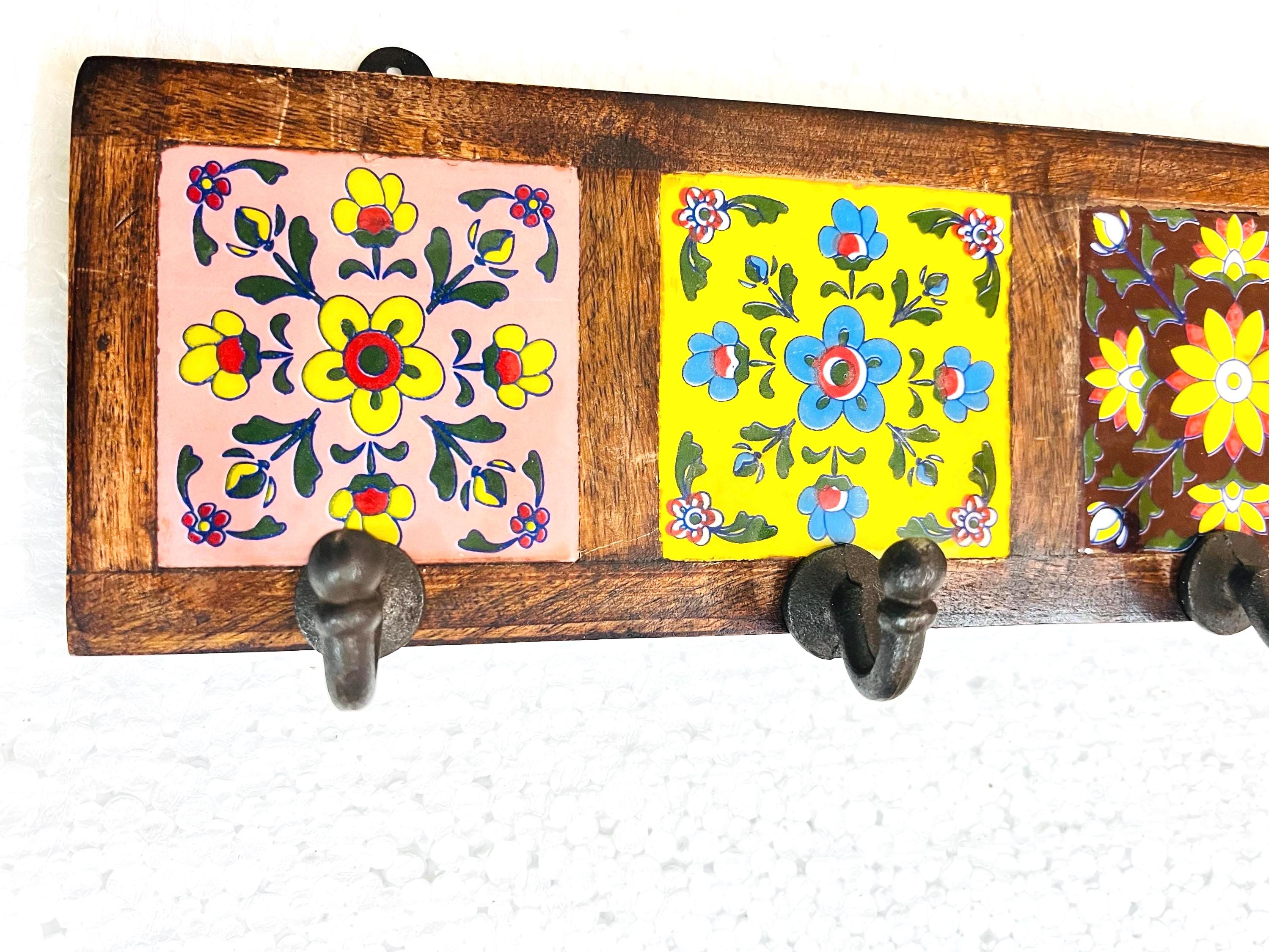 Wooden Key Holder - Ceramic Tile Inlay Entryway Rack