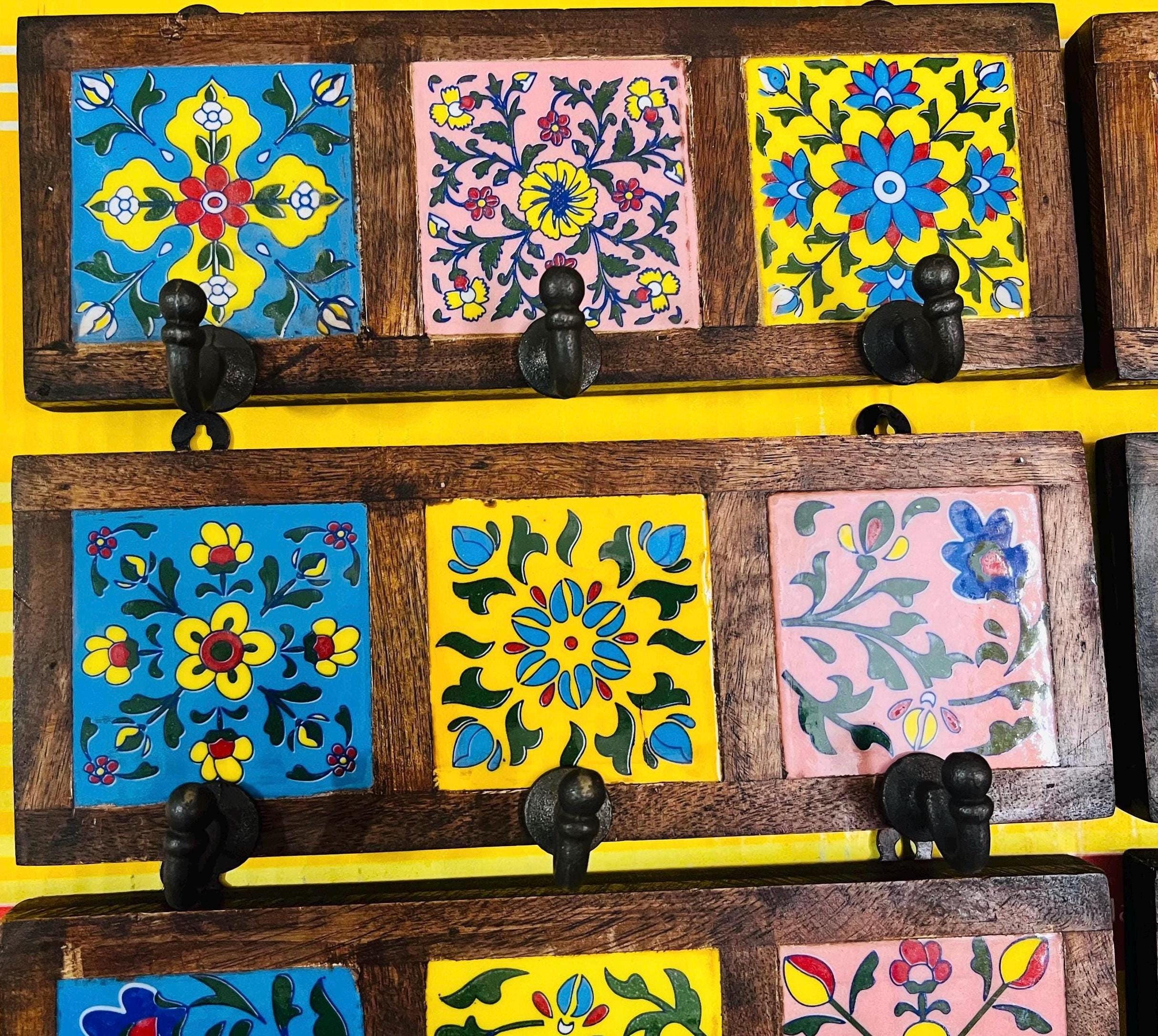 Wooden Key Holder - Ceramic Tile Inlay Entryway Rack