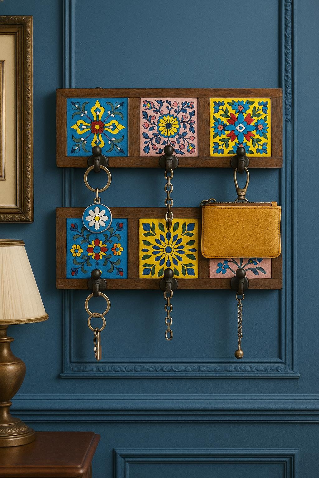 Wooden Key Holder - Ceramic Tile Inlay Entryway Rack