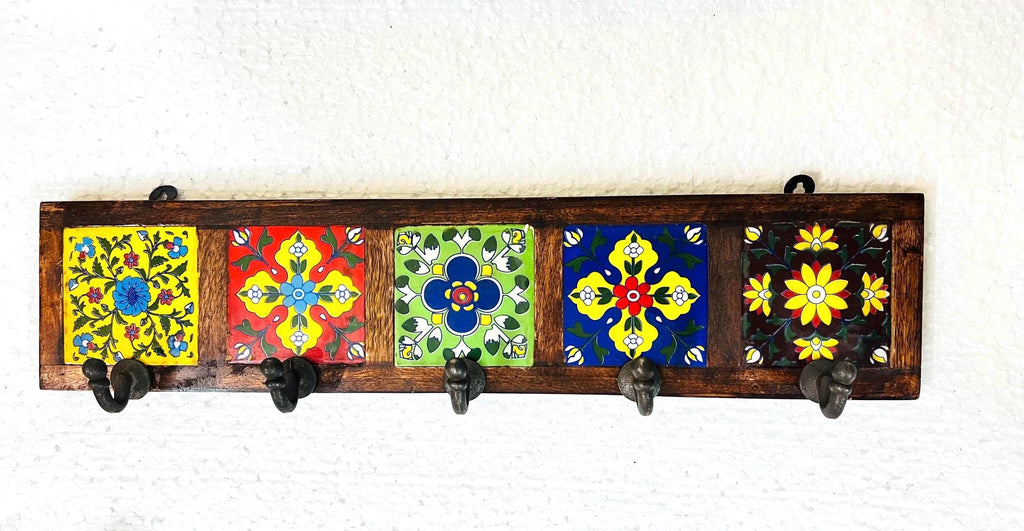 Wooden Key Holder - Ceramic Tile Inlay Entryway Rack