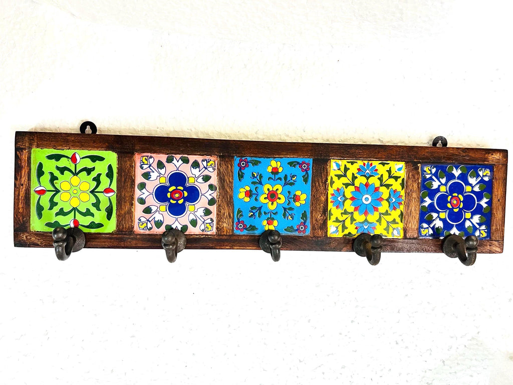 Wooden Key Holder - Ceramic Tile Inlay Entryway Rack