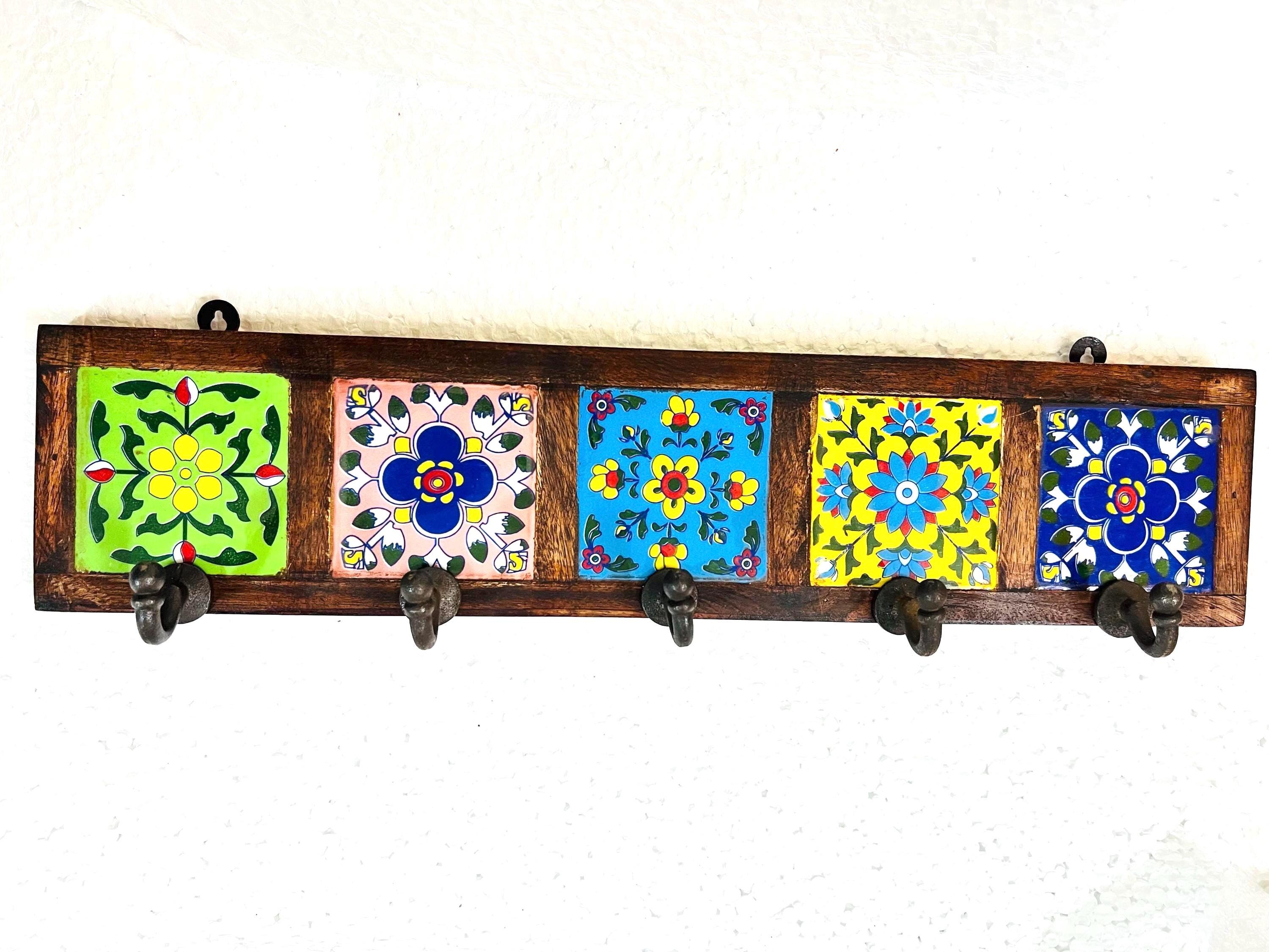 Wooden Key Holder - Ceramic Tile Inlay Entryway Rack