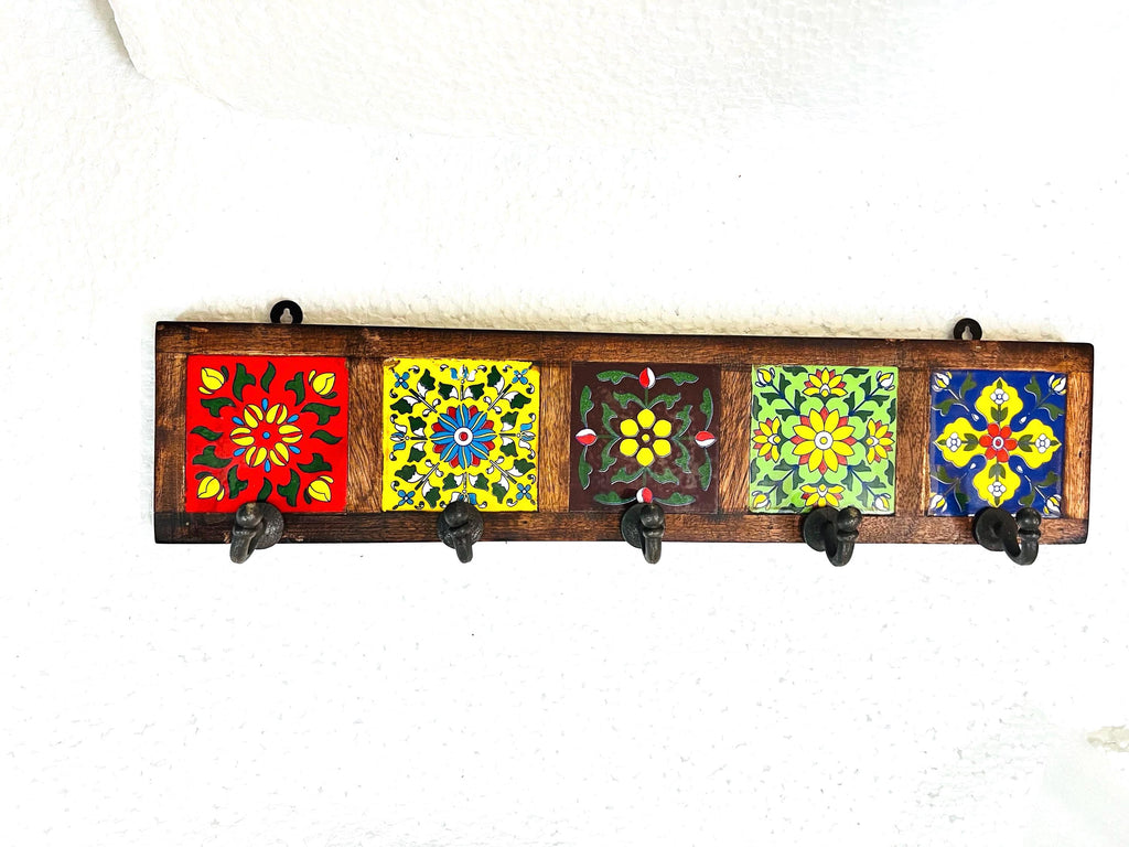 Wooden Key Holder - Ceramic Tile Inlay Entryway Rack