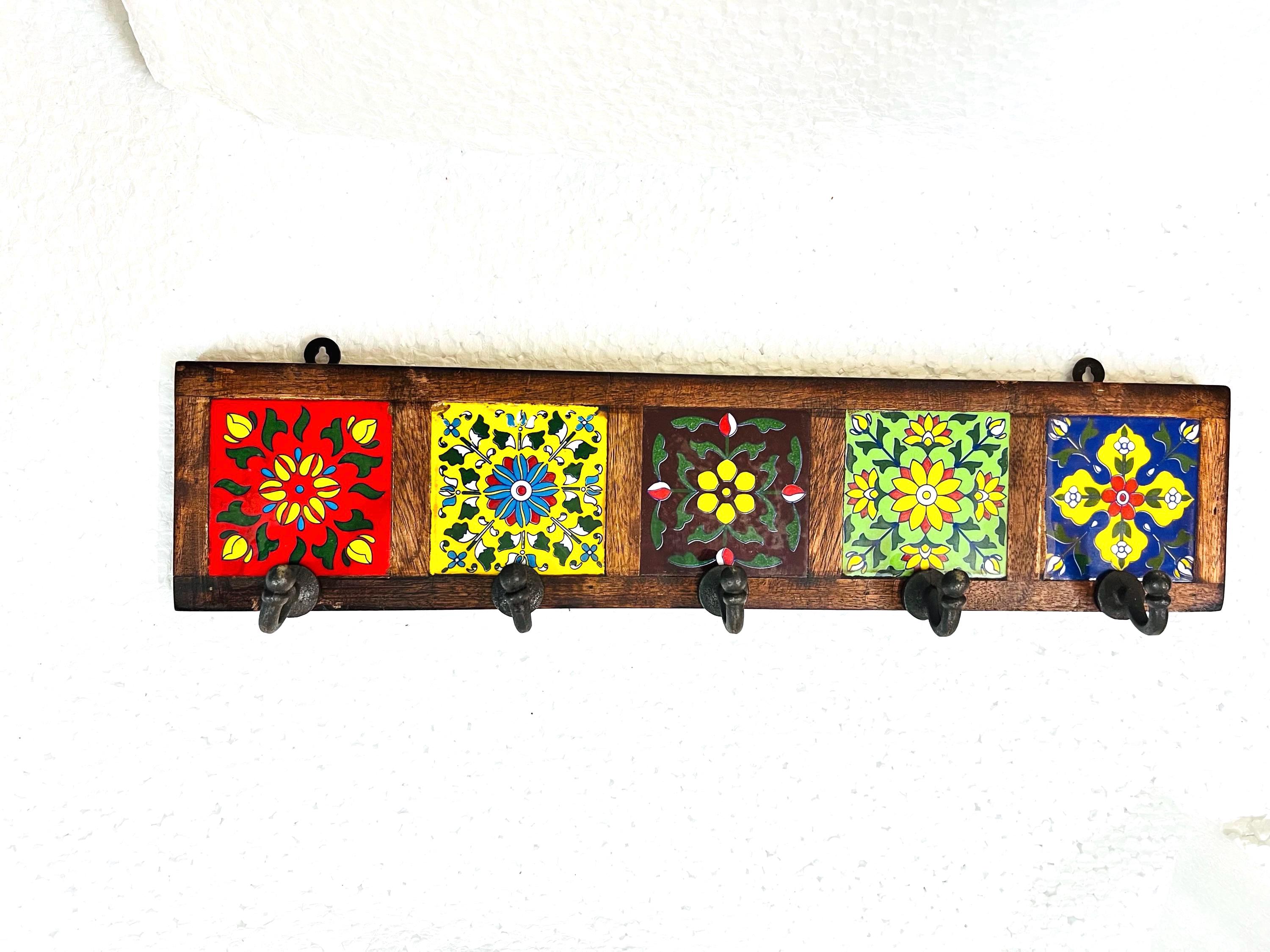 Wooden Key Holder - Ceramic Tile Inlay Entryway Rack