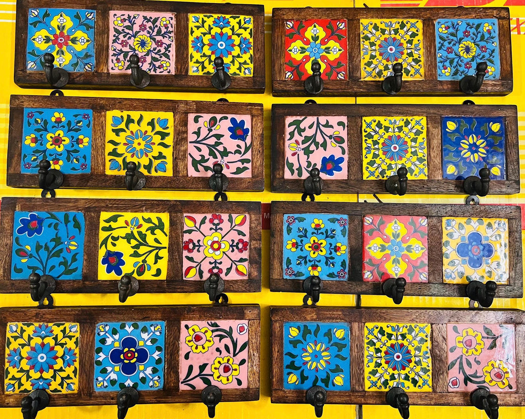 Wooden Key Holder - Ceramic Tile Inlay Entryway Rack