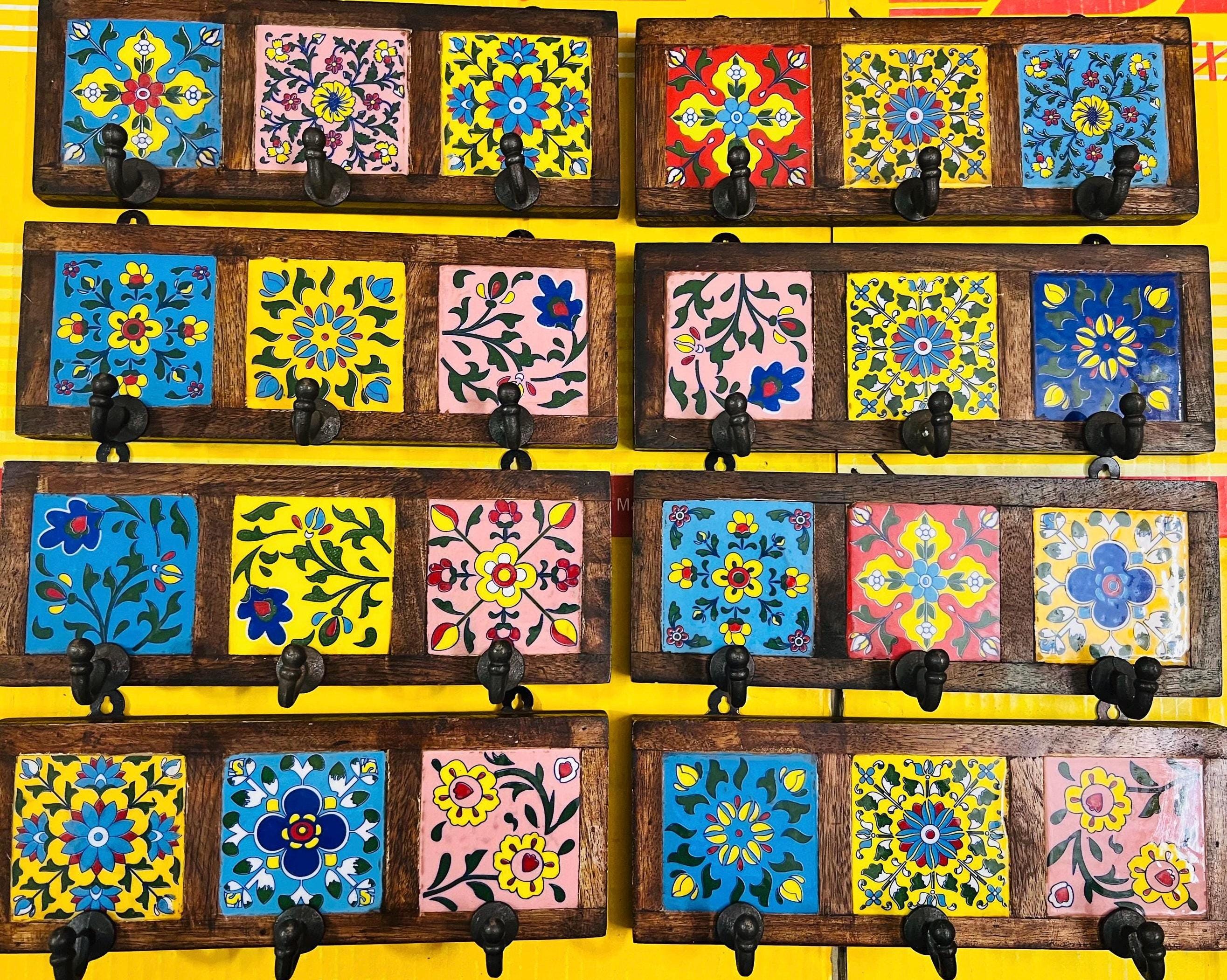 Wooden Key Holder - Ceramic Tile Inlay Entryway Rack