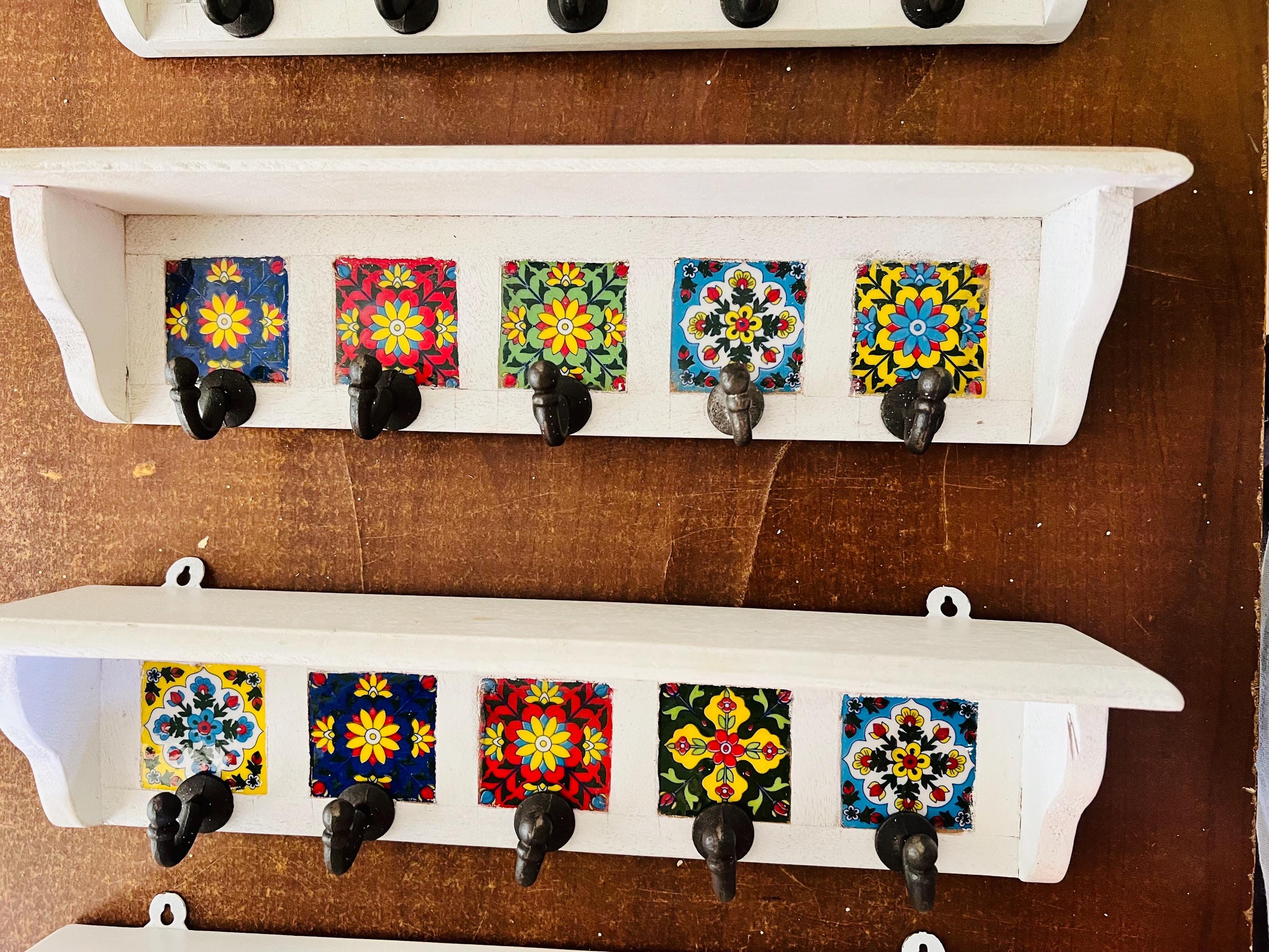Key Holder Rustic White Wood : Colorful Ceramic Tile Rack