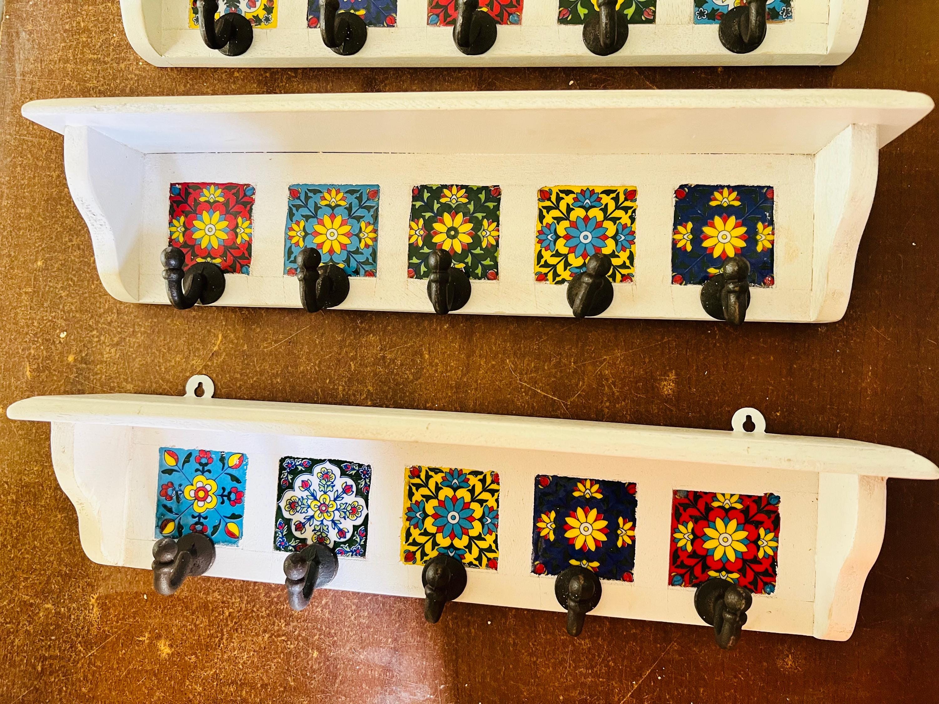 Key Holder Rustic White Wood : Colorful Ceramic Tile Rack
