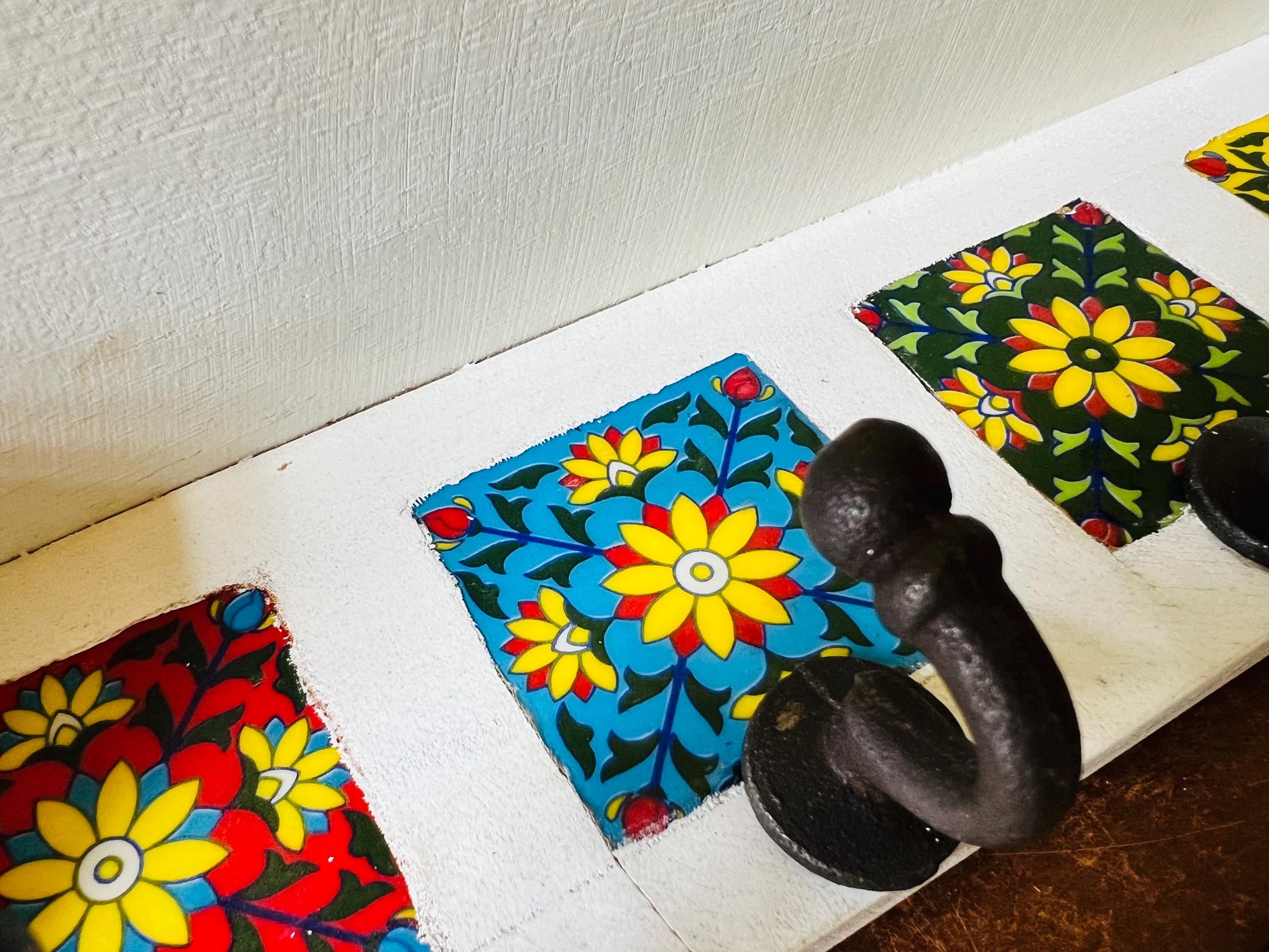 Bohemian Entryway Wall Hook  White Wooden Key Rack with Ceramic Tile Inlay - Modern Entryway Organizer