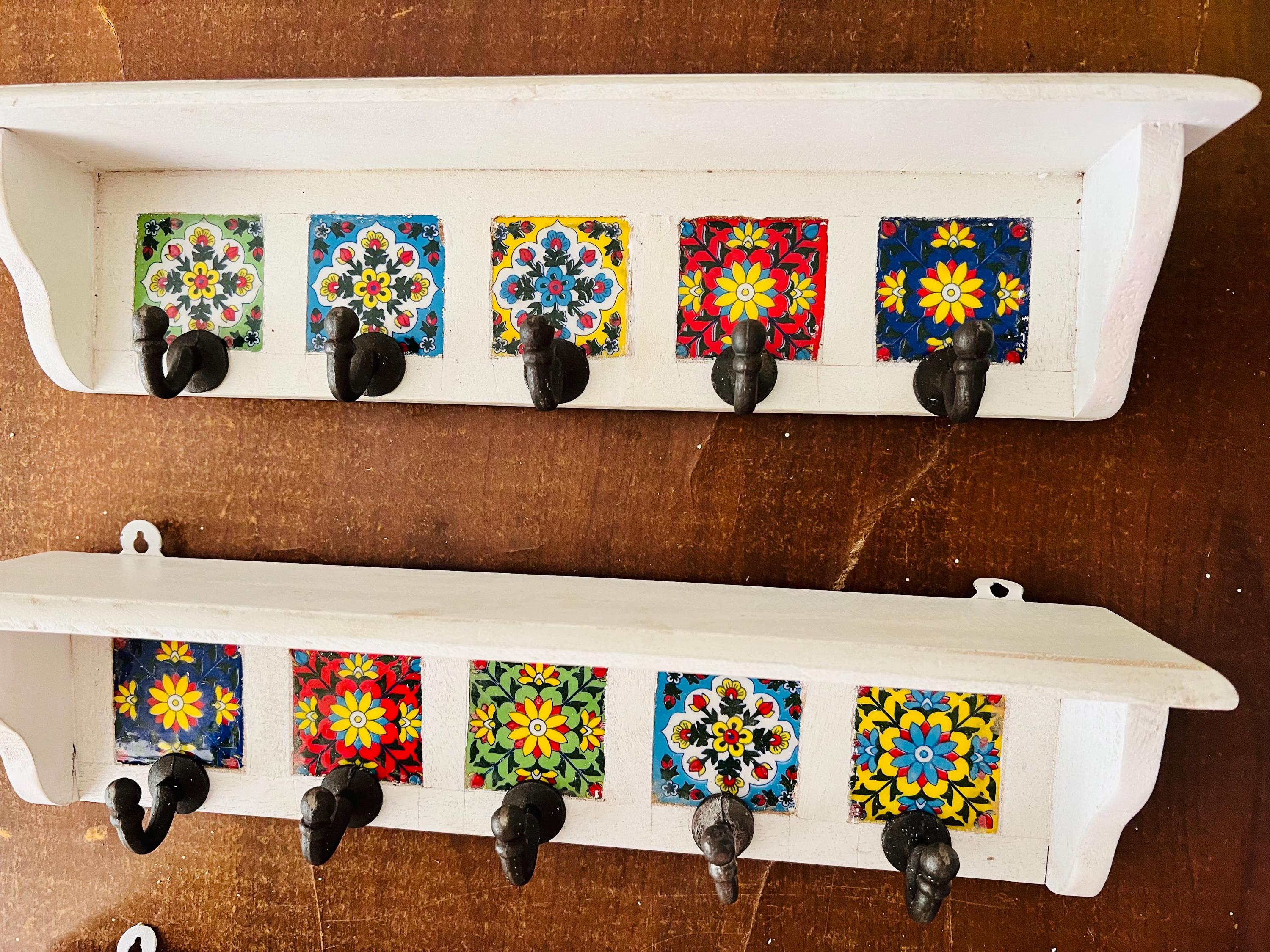 Bohemian Entryway Wall Hook  White Wooden Key Rack with Ceramic Tile Inlay - Modern Entryway Organizer