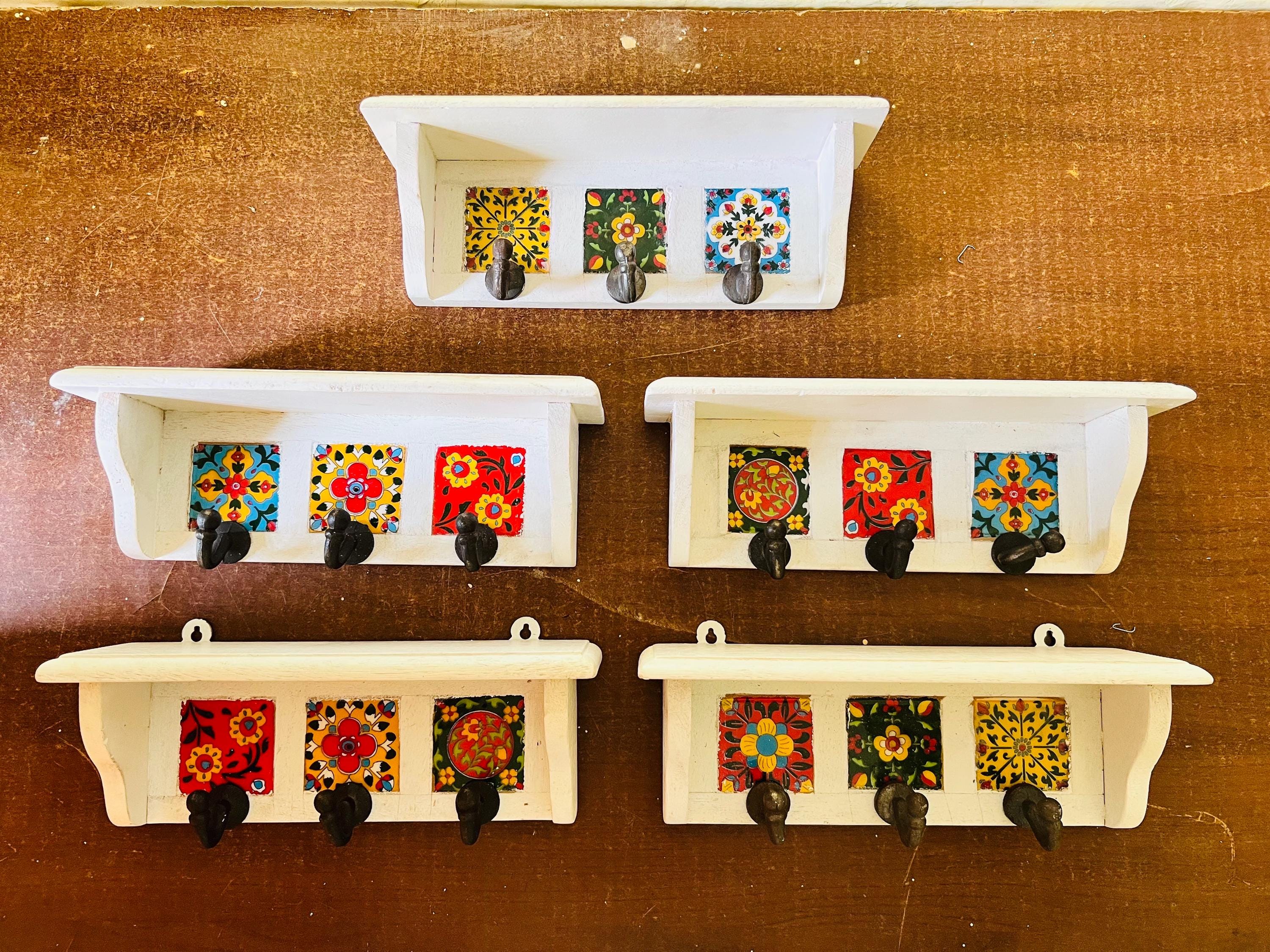 Bohemian Entryway Wall Hook  White Wooden Key Rack with Ceramic Tile Inlay - Modern Entryway Organizer