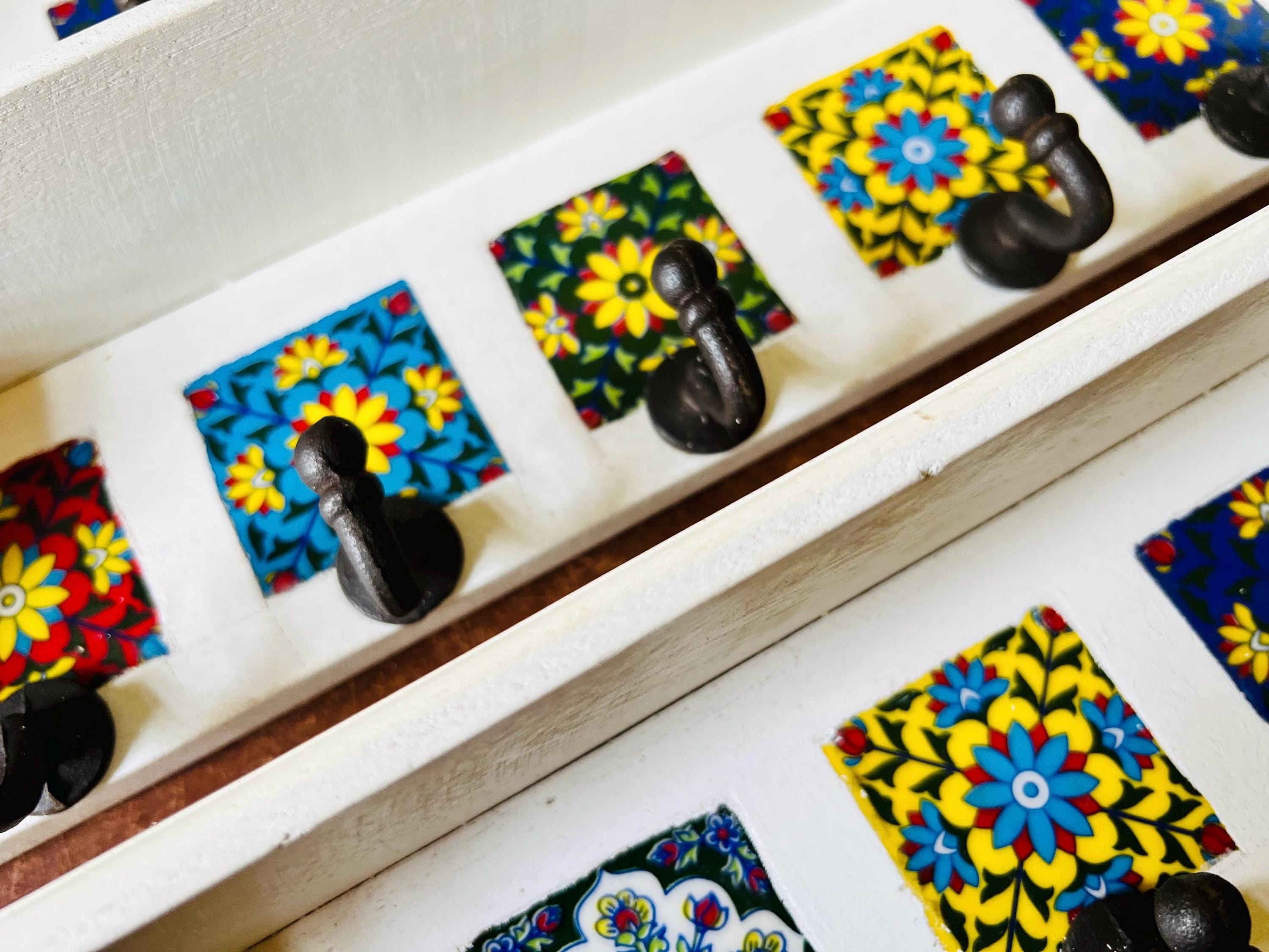 Bohemian Entryway Wall Hook  White Wooden Key Rack with Ceramic Tile Inlay - Modern Entryway Organizer