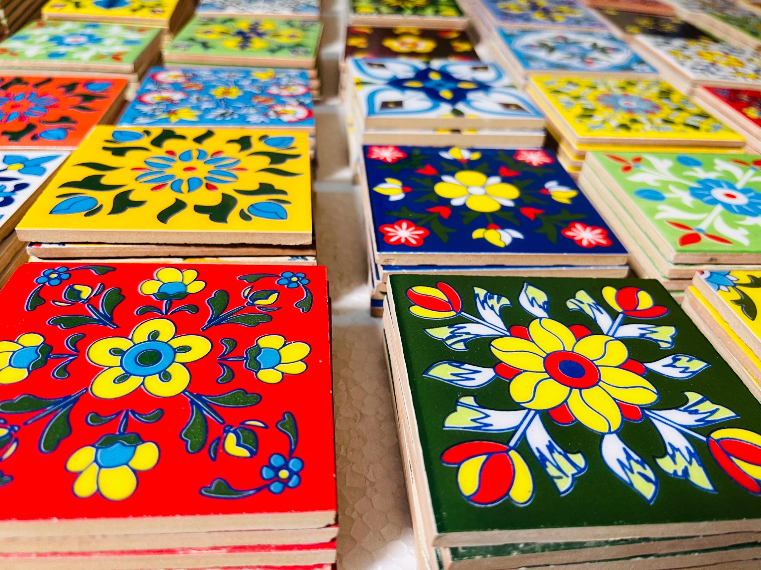 100 Piece Assorted Mosaic Ceramic Tiles  2x2 Inch -  Hand Painted Floral Wall Decor Mosaic