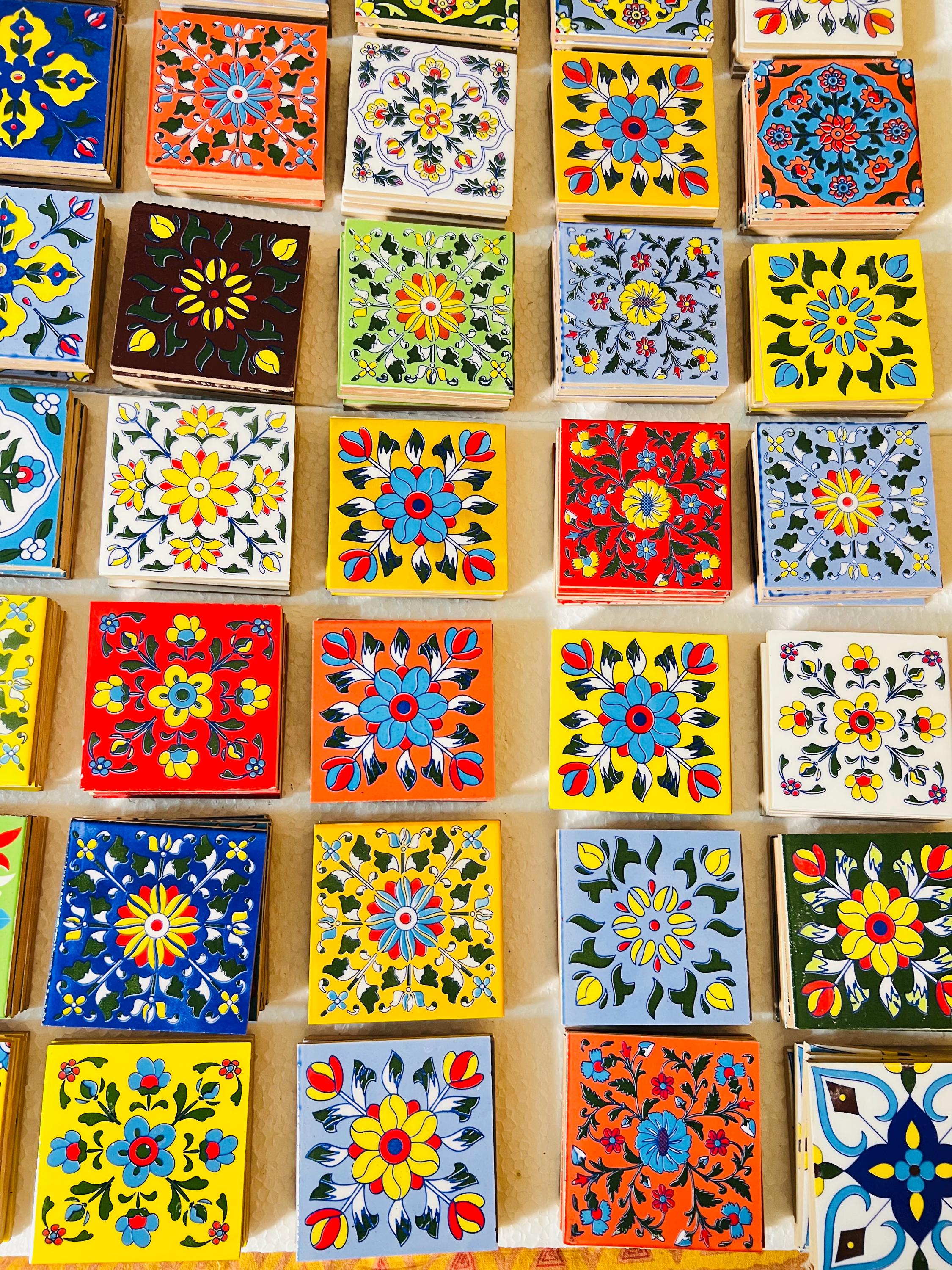 100 Piece Assorted Mosaic Ceramic Tiles  2x2 Inch -  Hand Painted Floral Wall Decor Mosaic