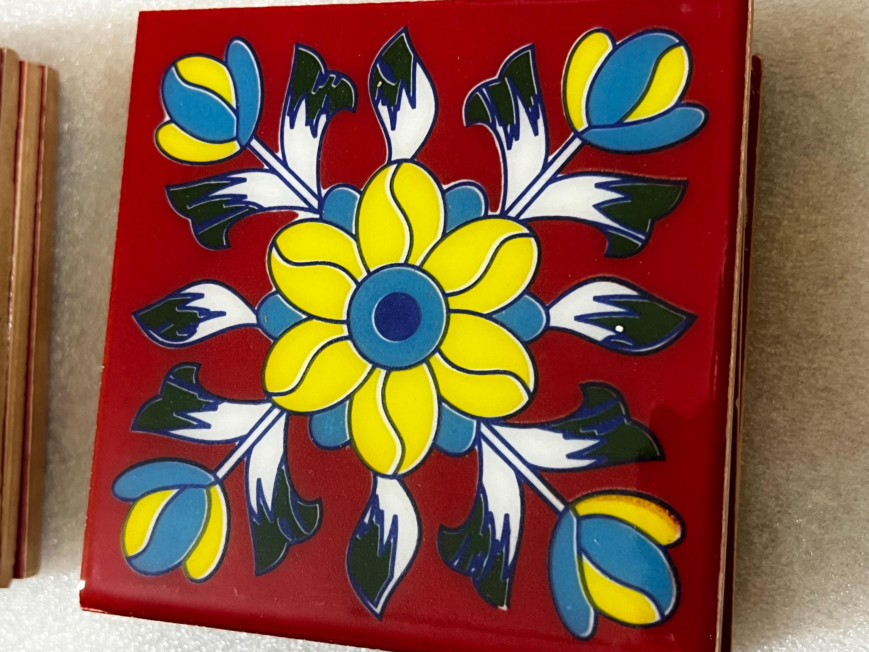 100 Piece Assorted Mosaic Ceramic Tiles  2x2 Inch -  Hand Painted Floral Wall Decor Mosaic