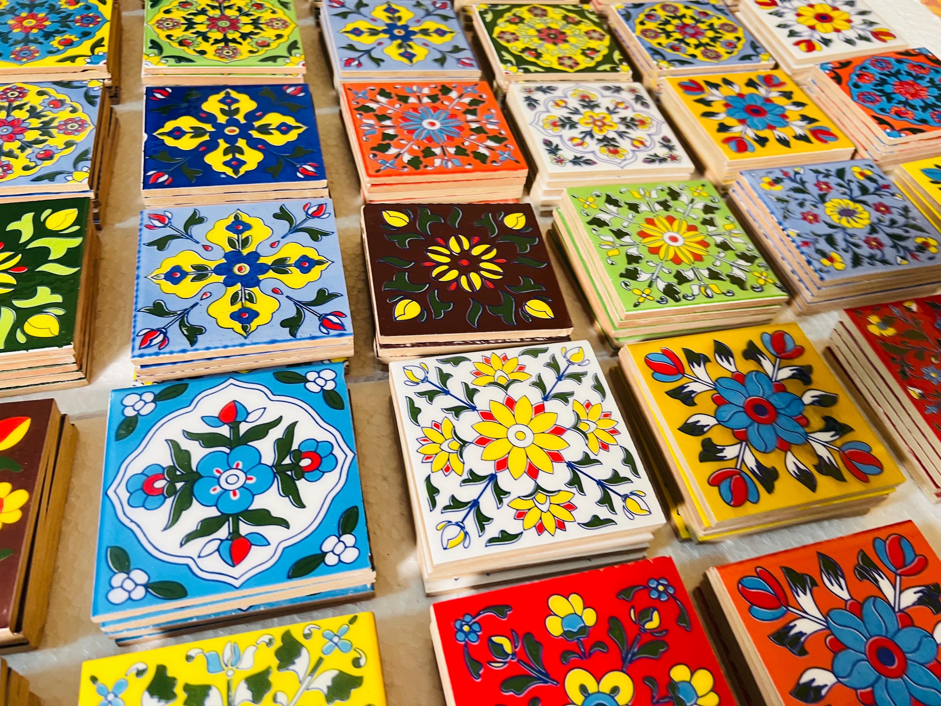 100 Piece Assorted Mosaic Ceramic Tiles  2x2 Inch -  Hand Painted Floral Wall Decor Mosaic