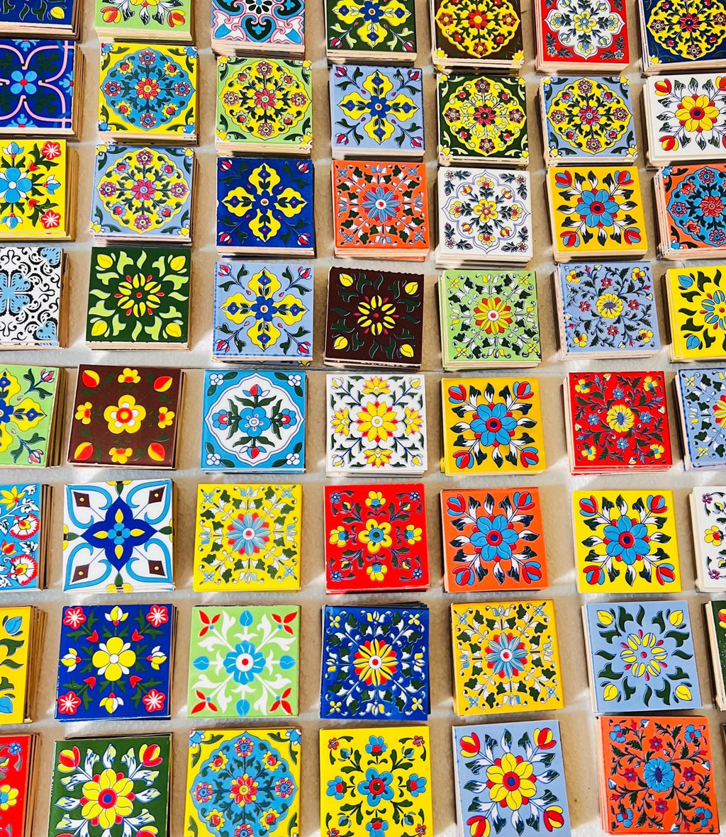 100 Piece Assorted Mosaic Ceramic Tiles  2x2 Inch -  Hand Painted Floral Wall Decor Mosaic