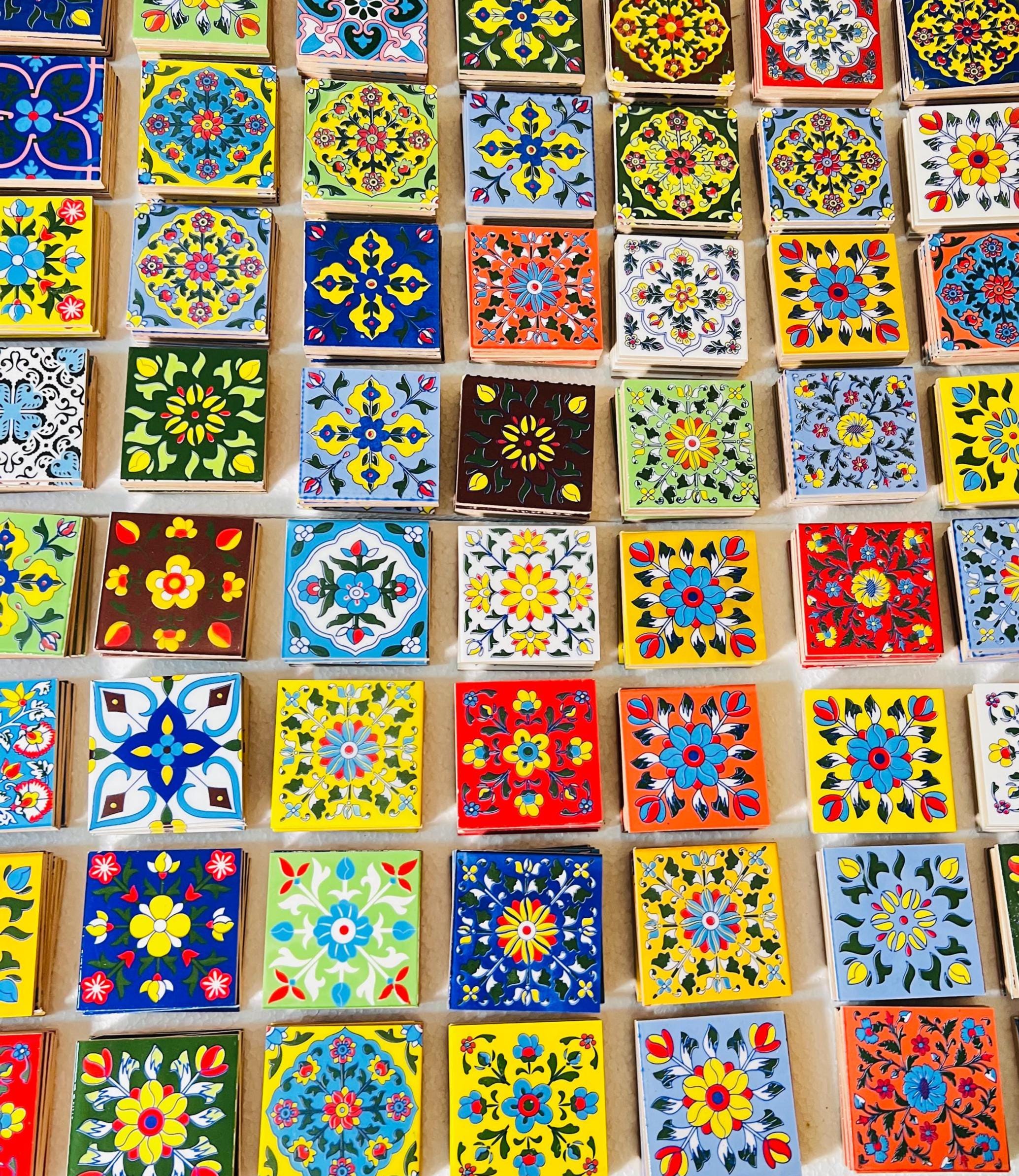 100 Piece Assorted Mosaic Ceramic Tiles  2x2 Inch -  Hand Painted Floral Wall Decor Mosaic