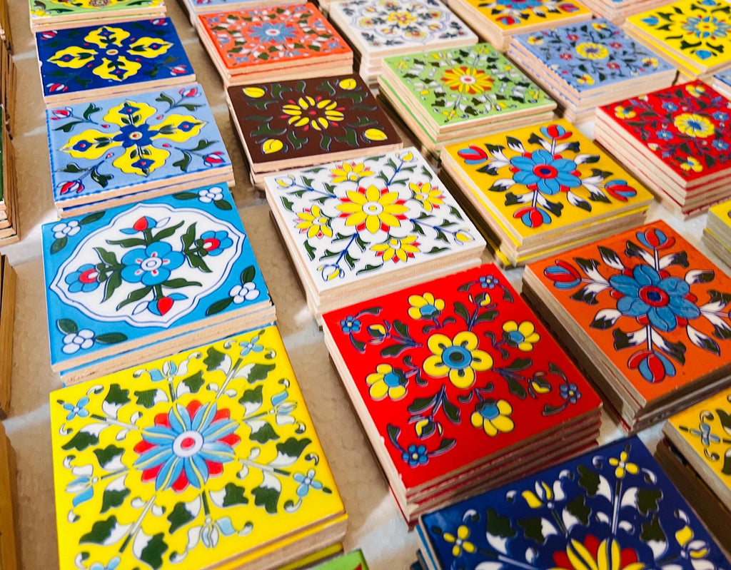 100 Piece Assorted Mosaic Ceramic Tiles  2x2 Inch -  Hand Painted Floral Wall Decor Mosaic
