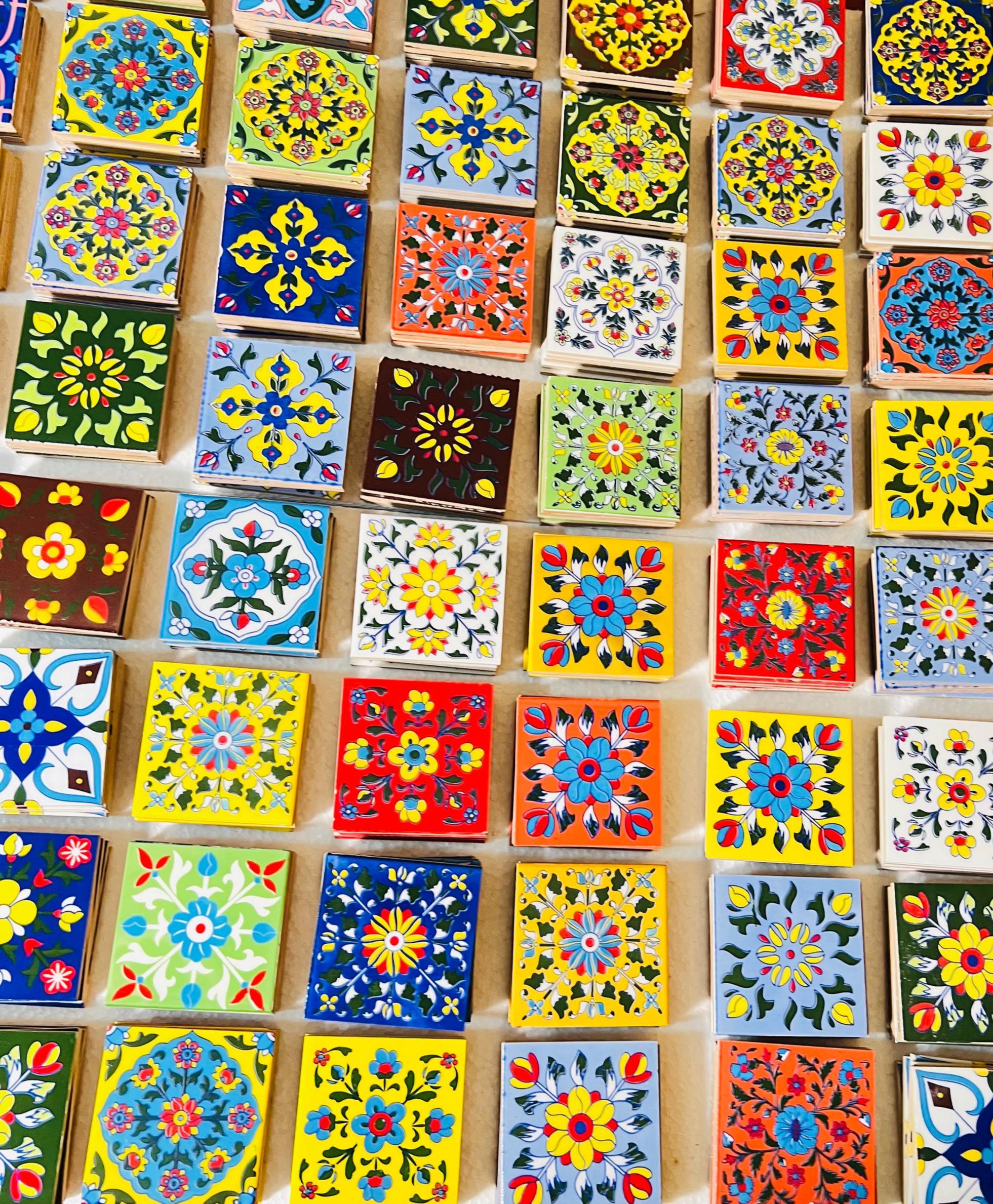 100 Piece Assorted Mosaic Ceramic Tiles  2x2 Inch -  Hand Painted Floral Wall Decor Mosaic