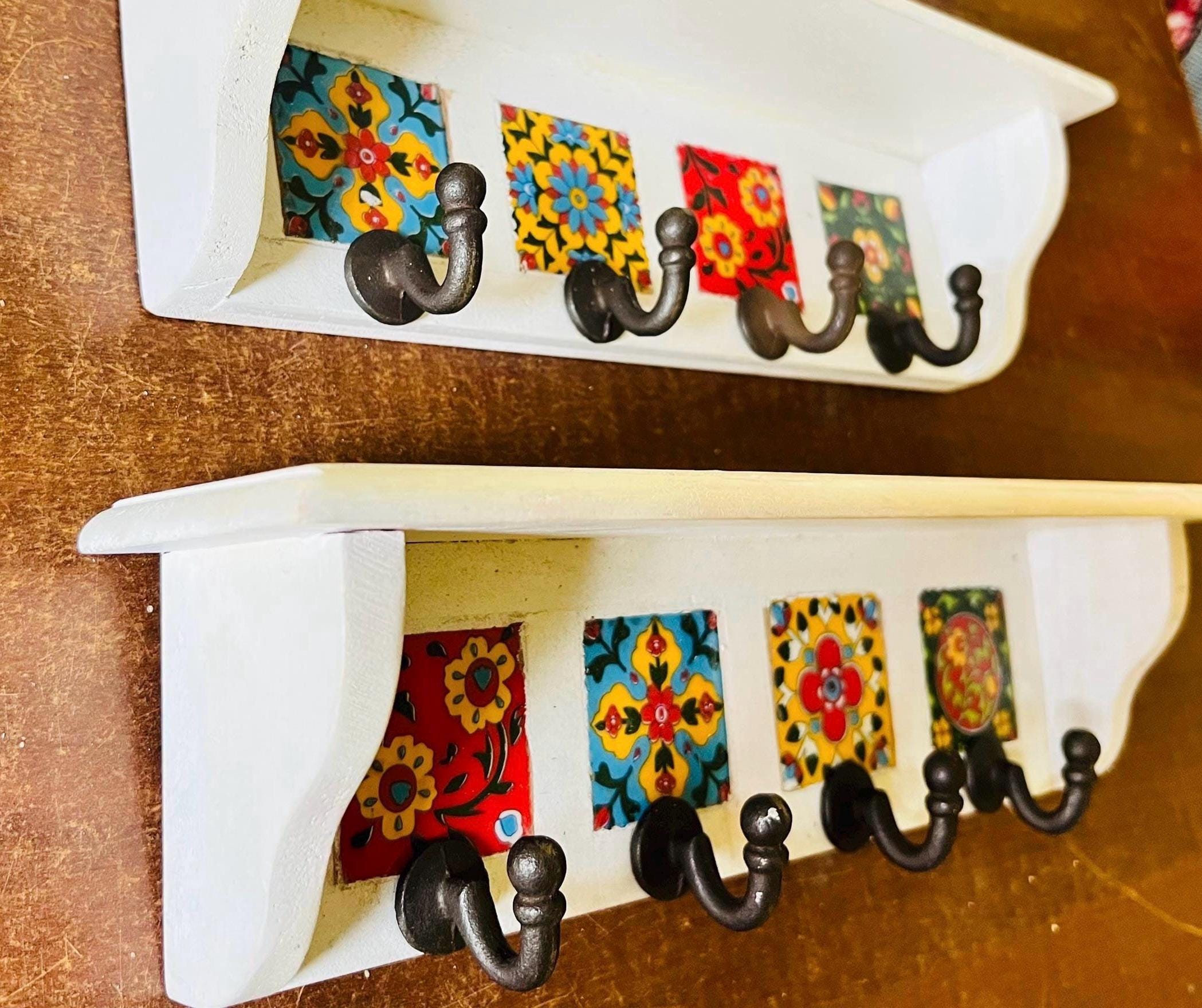 Bohemian Entryway Wall Hook  White Wooden Key Rack with Ceramic Tile Inlay - Modern Entryway Organizer