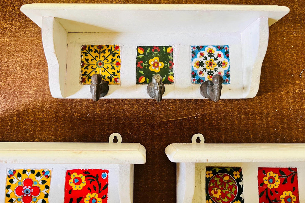 Bohemian Entryway Wall Hook  White Wooden Key Rack with Ceramic Tile Inlay - Modern Entryway Organizer