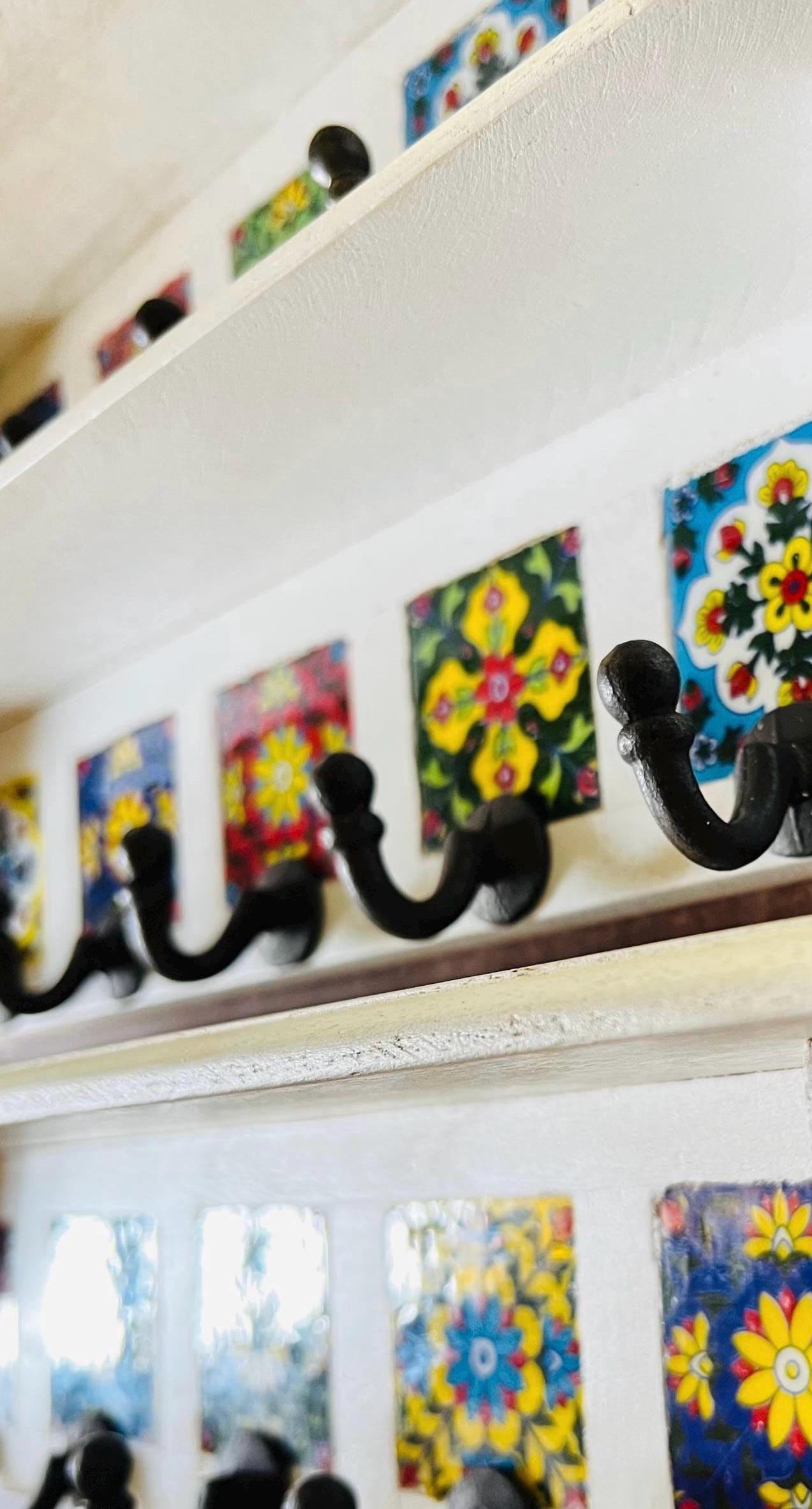 Bohemian Entryway Wall Hook  White Wooden Key Rack with Ceramic Tile Inlay - Modern Entryway Organizer