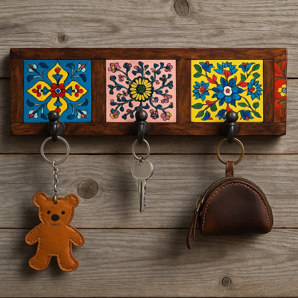 Ceramic Tile Key Rack - Wooden Wall Hook