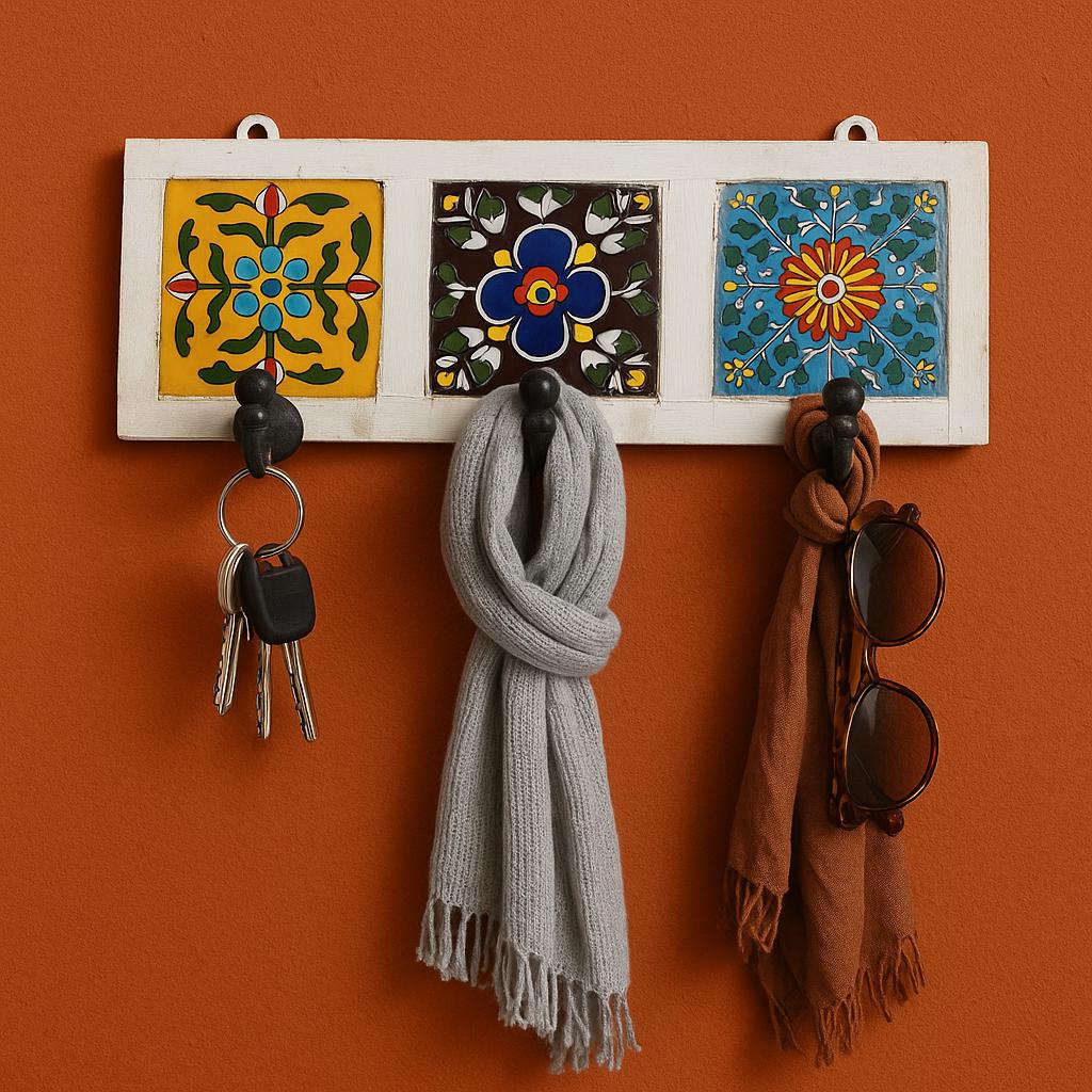 Ceramic Tile Key Rack - Wooden Wall Hook