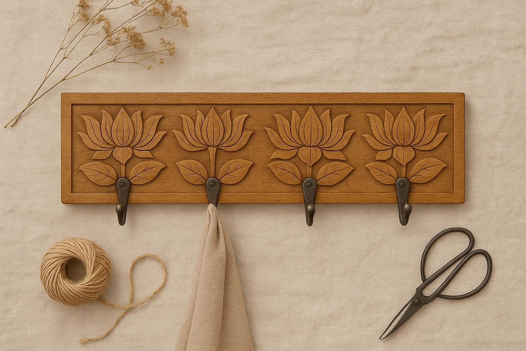 Wooden Wall Key  4 Black Hooks |   Luxury lotus Design Organizer | Handcrafted Solid Wood Wall Decor