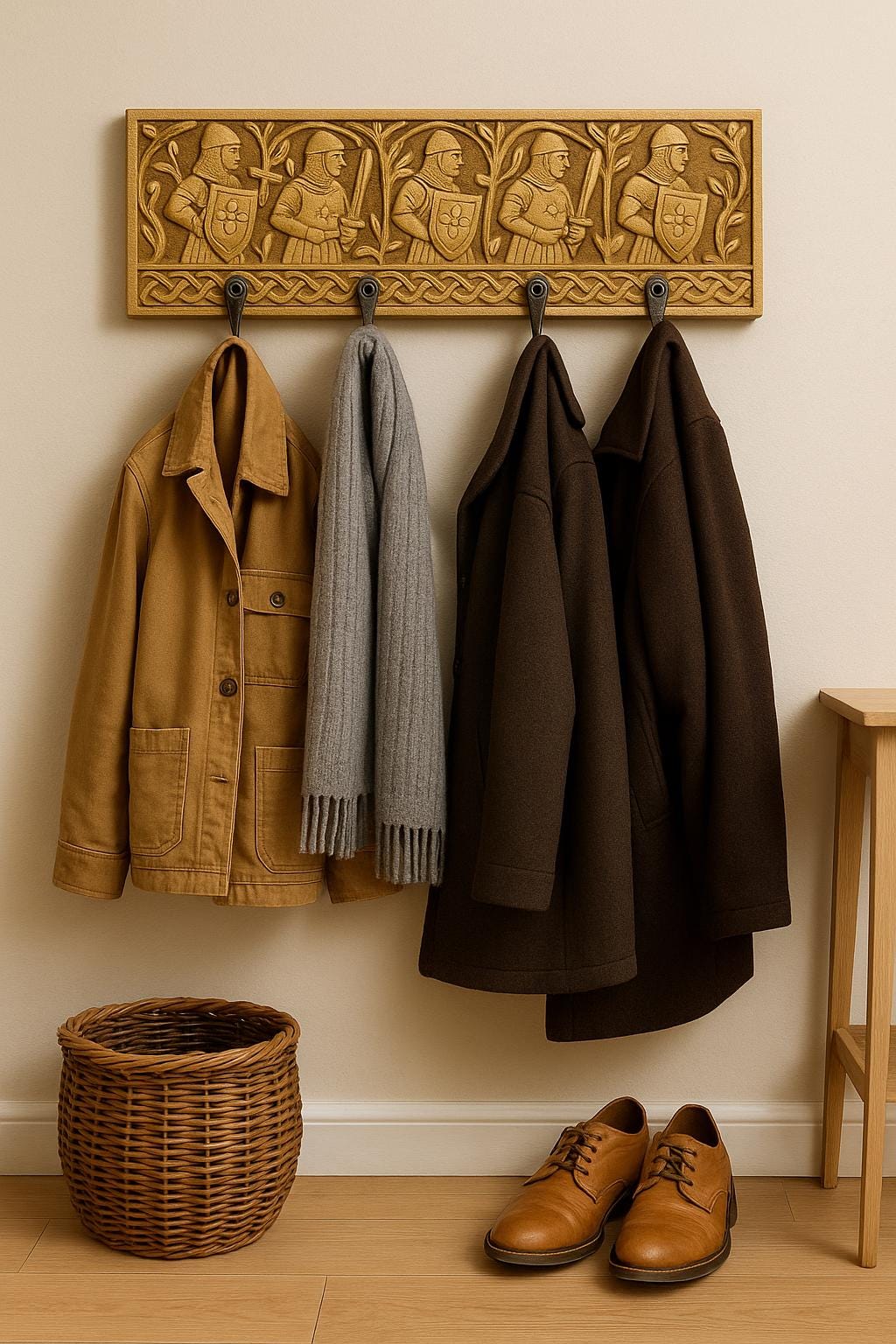 Wooden Wall Key Holder - 6 Black Hooks