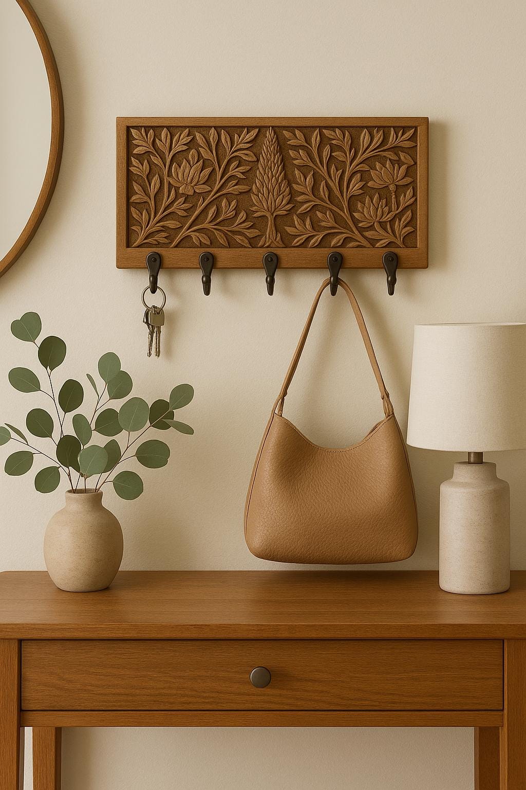 Wooden Wall Key Holder - 5 Black Hooks