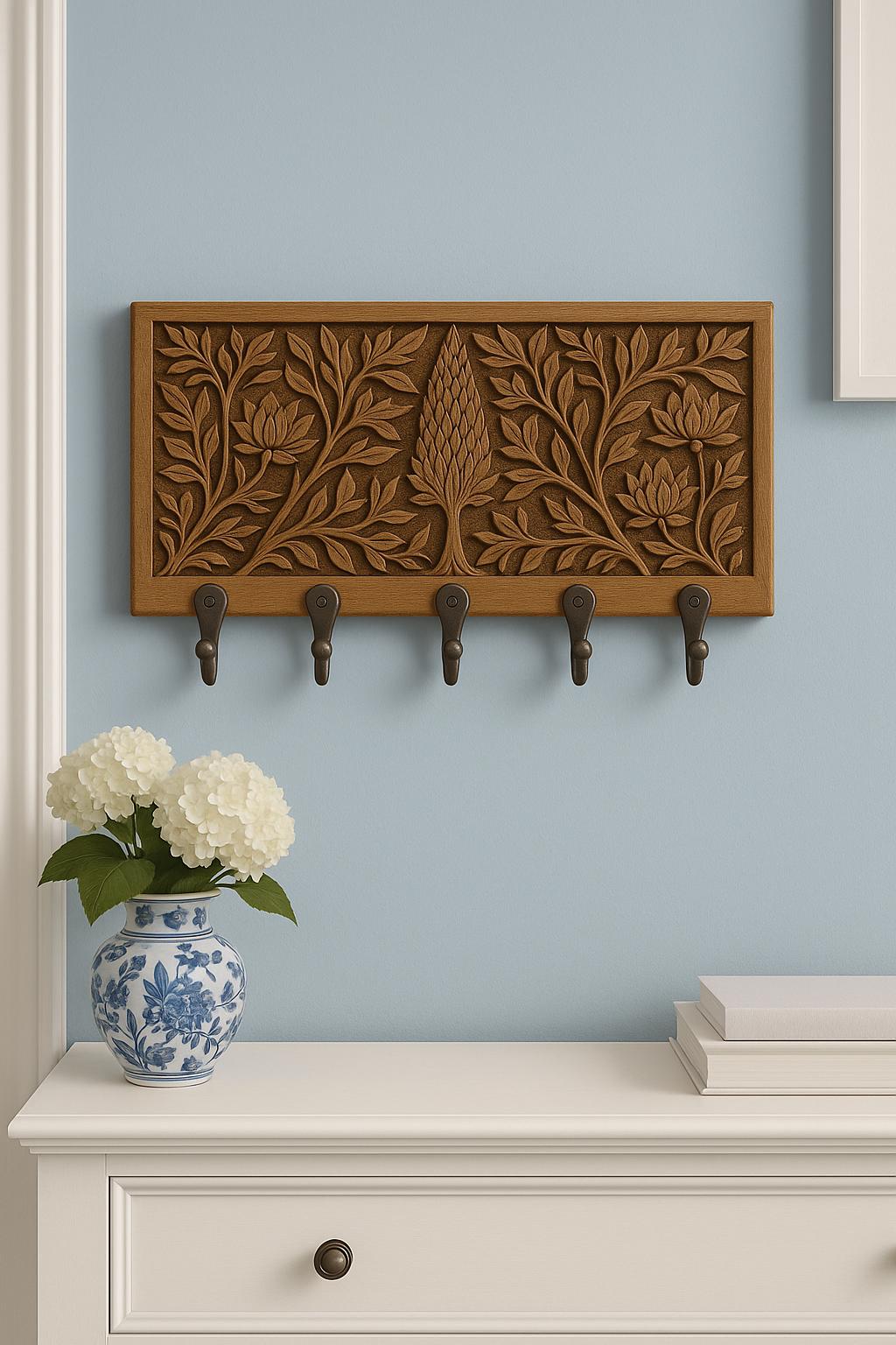 Wooden Wall Key Holder - 5 Black Hooks