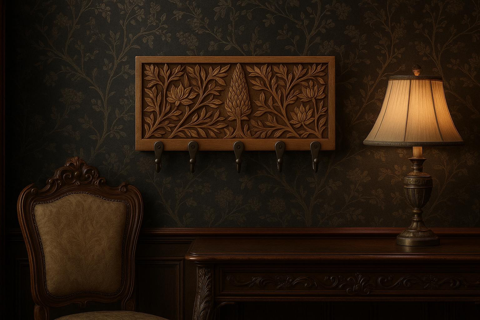 Wooden Wall Key Holder - 5 Black Hooks