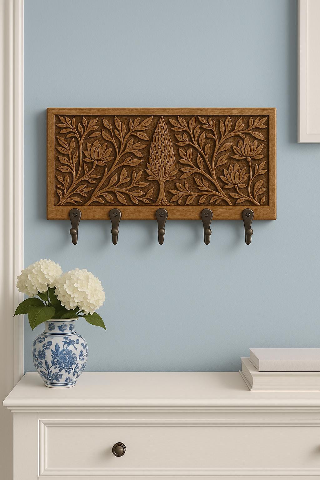 Wooden Wall Key Holder - 5 Black Hooks