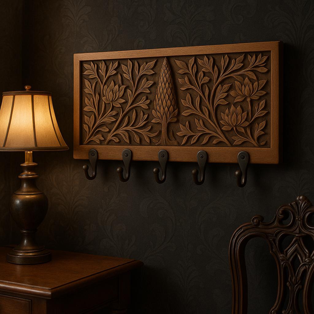 Wooden Wall Key Holder - 5 Black Hooks