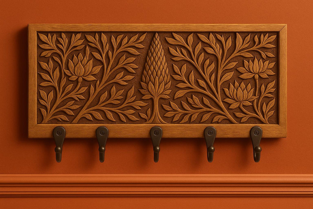 Wooden Wall Key Holder - 5 Black Hooks